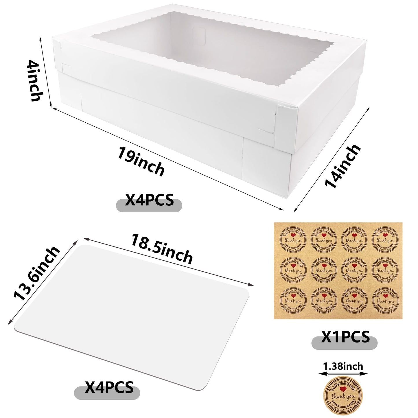 MUMULULU 4 PCS 19x14x4 Inch Cake Boxes with Cake Board White Sheet Rectangular Bakery Boxes with Window for Donuts Cookies Dessert Cupcakes Pastry Baking Pie Packaging