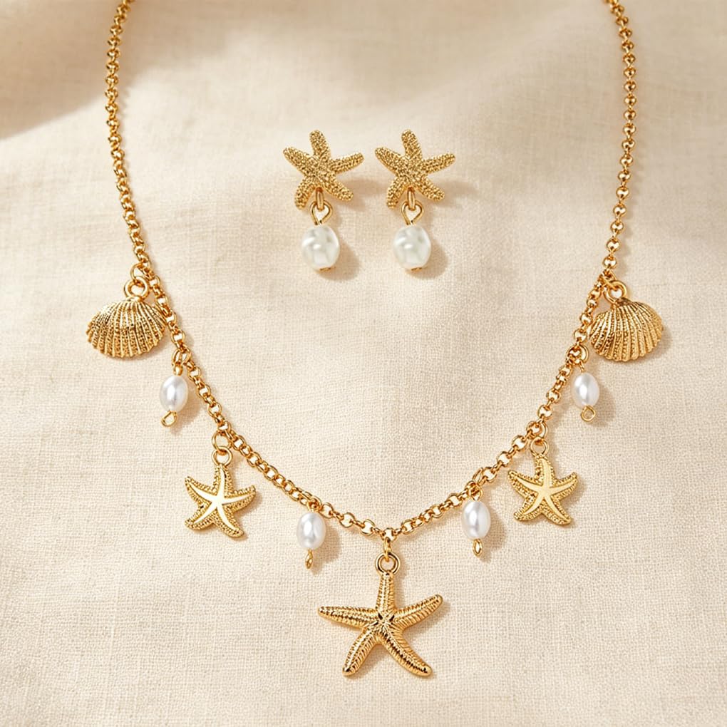 Quivox Gold Seashell Starfish Jewelry Set for Women Beach Necklace Earrings Sets Charm Pearl Choker Necklace Starfish Dangle Earrings Trendy Holiday Accessories (Gold2)