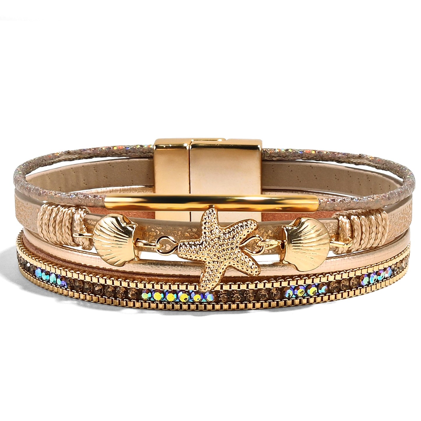 VIBILIA Boho Leather Wrap Bracelets for Women Shell starfish Multi-Layer Bracelets with Strong Clasp Jewelry for Women-Champagne