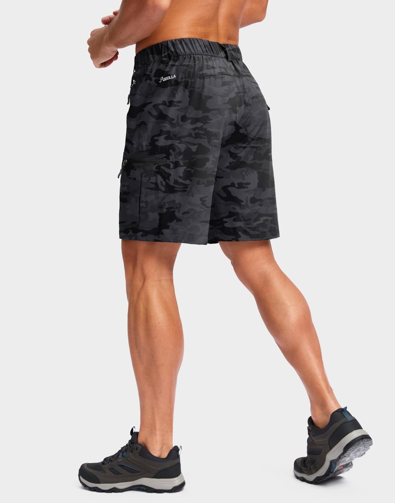 Pudolla Men's Hiking Cargo Shorts Lightweight 7" Travel Casual Shorts for Men Golf Work Outdoor with 5 Zipper Pockets(Black Camo Large)