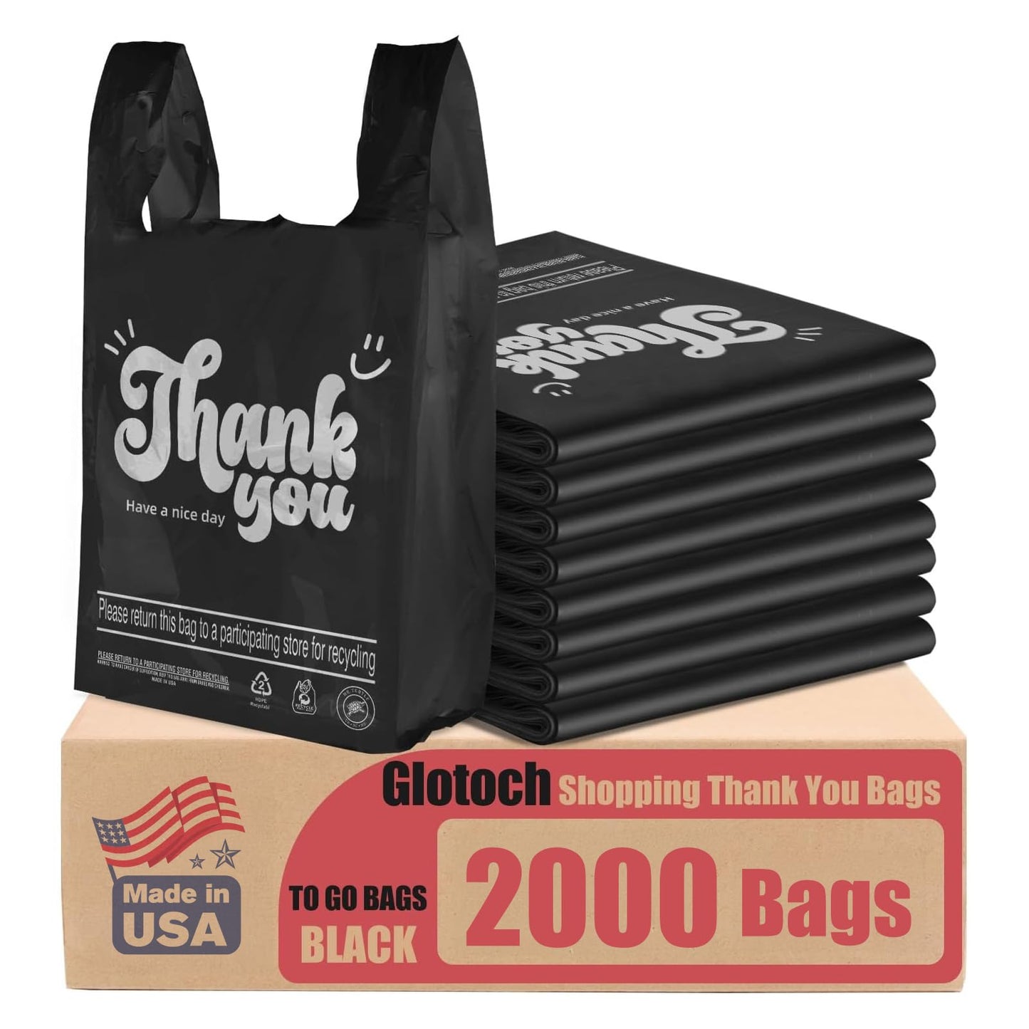 Glotoch 2000 Count - Black Plastic Grocery Shopping Thank You Bags for Small Business, Plastic T-shirt Bags with Handles for Restaurant, Retail, Takeout, Stores,To Go, in Bulk