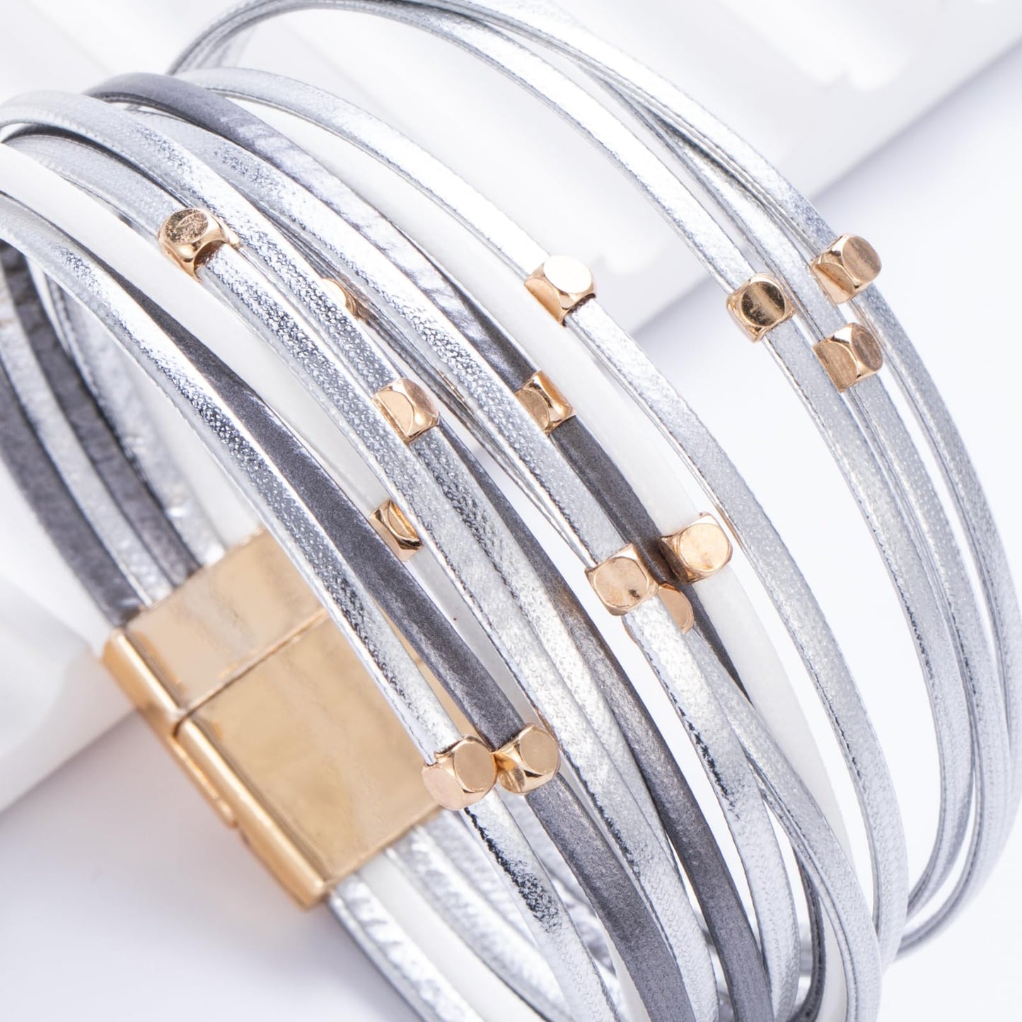 FANCY SHINY Beaded Leather Wrap Bracelets Cute Boho Stackable Bangle Cuff with Magnetic Clasp Layered Trendy Jewelry for Women(Metallic Gray)