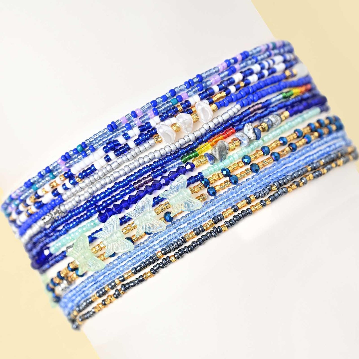 ELABEST Adjustable Handmade Waist Beads Stretchy 23-52 inch 8Pcs Chakra Body Belly Beaded Women Waist, Anklet, Bracelet, Necklace Jewelry with Screw clasp (Blue, 39.3inch/100cm)