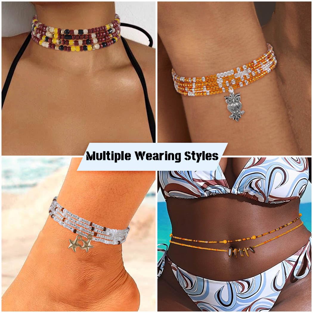 ELABEST 24-39inch African Waist Beads for Women 8Pcs Elastic Belly Beads Colorful Beaded Waist Jewelry Accessories Body Chain (Brown, 39.3inch/100cm)