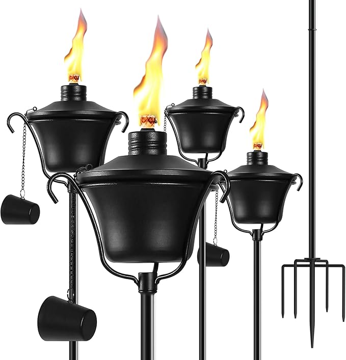 4 Pack Outdoor Garden Torch, 15 oz Outdoor Citronella Torches, 58 Inch 5-Prong Grounded Stake Torches, Metal Torches with Fiberglass Wick for Yard, Patio, Deck, Garden, Party, Landscape