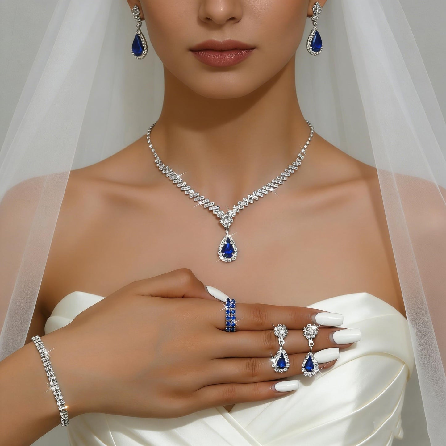 IS4U Rhinestone Water Drop Set for Women Bridal Wedding Vintage Colourful Crystal Zircon Statement Necklace Ring Earrings Bracelet Set Party Dress Ball Fashion Jewellery (Blue)
