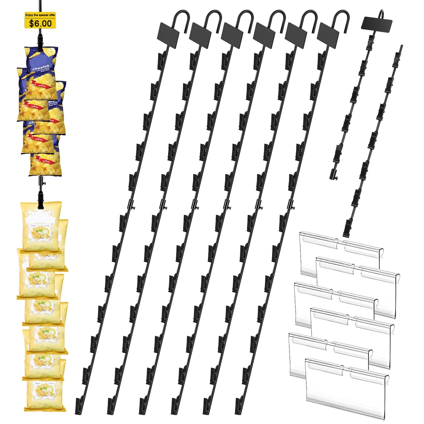 Ngdiluxury Hanging Merchadise Strips with Hooks,32 inches Chip Display Rack Stand 72 Clips Potato Chip Bag Holder with Label Headers Metal Retail Display Rack for Snack Candy 6Pcs Black