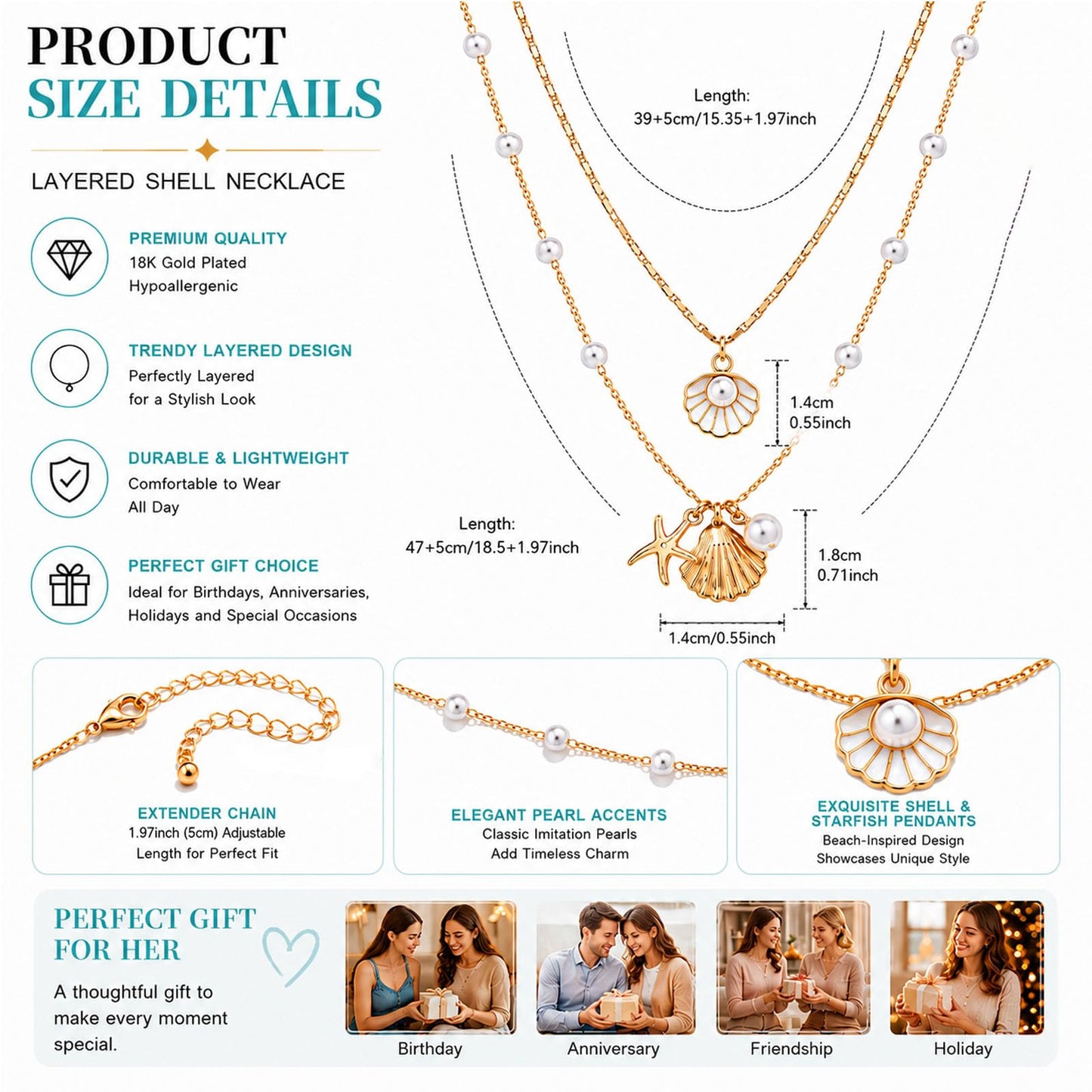 Starfish Shell Beach Necklace for Women Boho Gold Layered Seashell Necklace Conch Shell Pearl Mermaid Necklaces Beach Summer Essentials Jewelry Outfits
