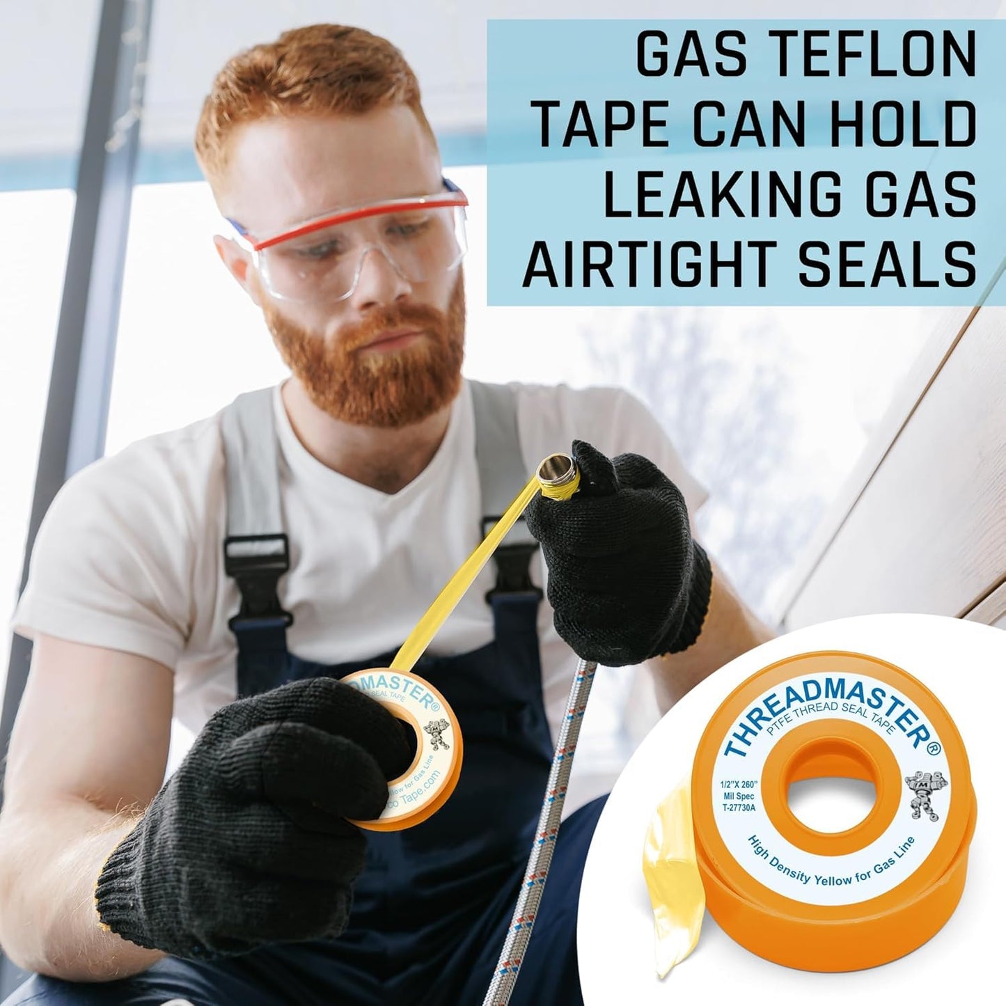 TAPEWELL Yellow Gas Teflon Tape, Pipe Thread Sealant, 260" Length 1/2" Width, for Propane, Natural Gas, & More, Pack of 2 (6)