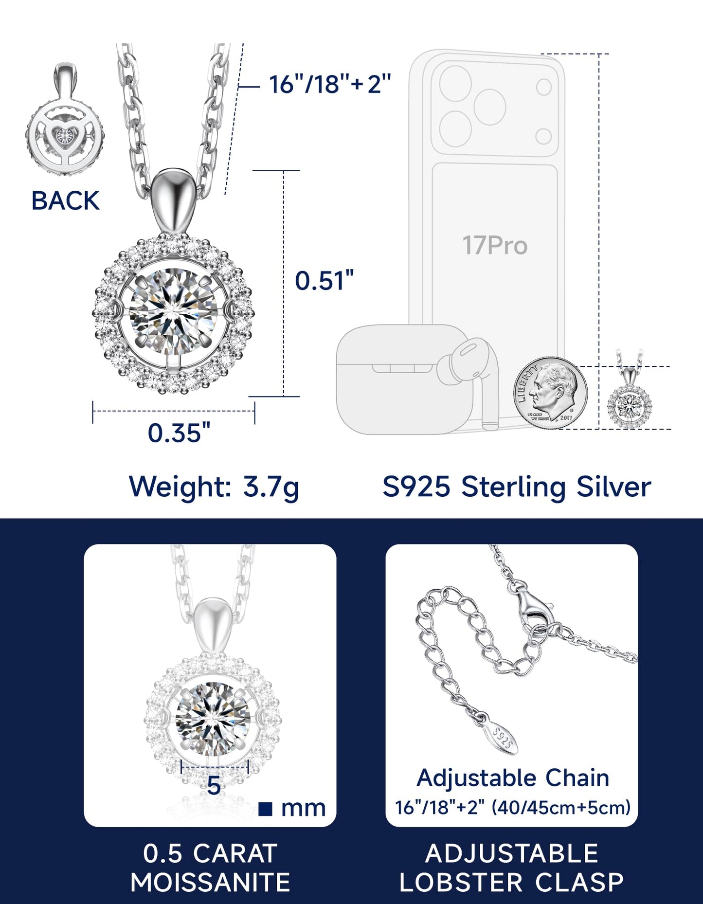 MomentWish Dancing Moissanite Necklaces for Women 1Carat D Color VVS1 Moissanite Silver Pendant Necklaces 925 Sterling Silver Floating Diamond Pendant for Daily Wear
