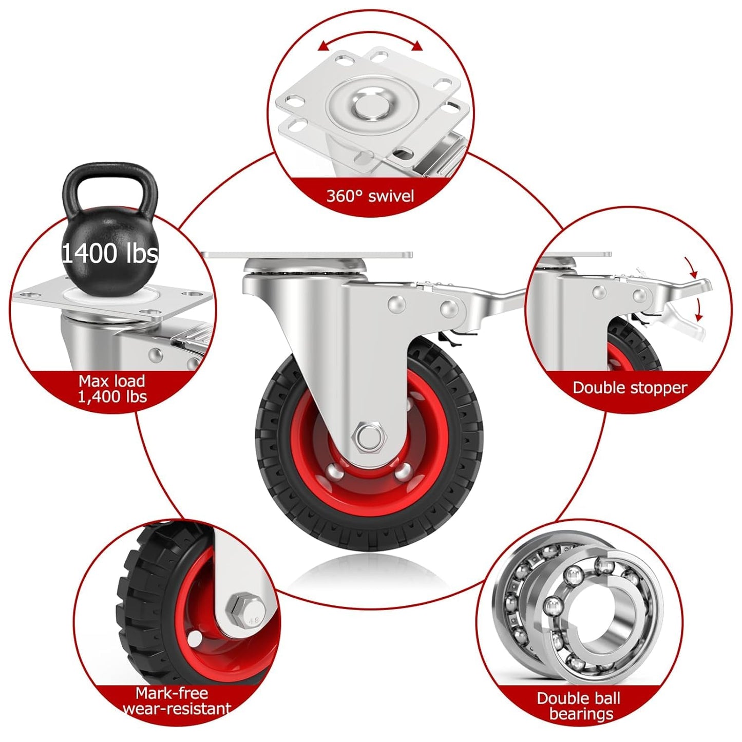 5 Inch Caster Wheels Heavy Duty with Dual-Lock Safety Brake and Rubber Tire Wheels, Heavy Duty - 400 Lbs Per Caster for Workbench, Trolley, Cabinet, Swivel Rubber Wheel 4-Packs with mounting Hardware