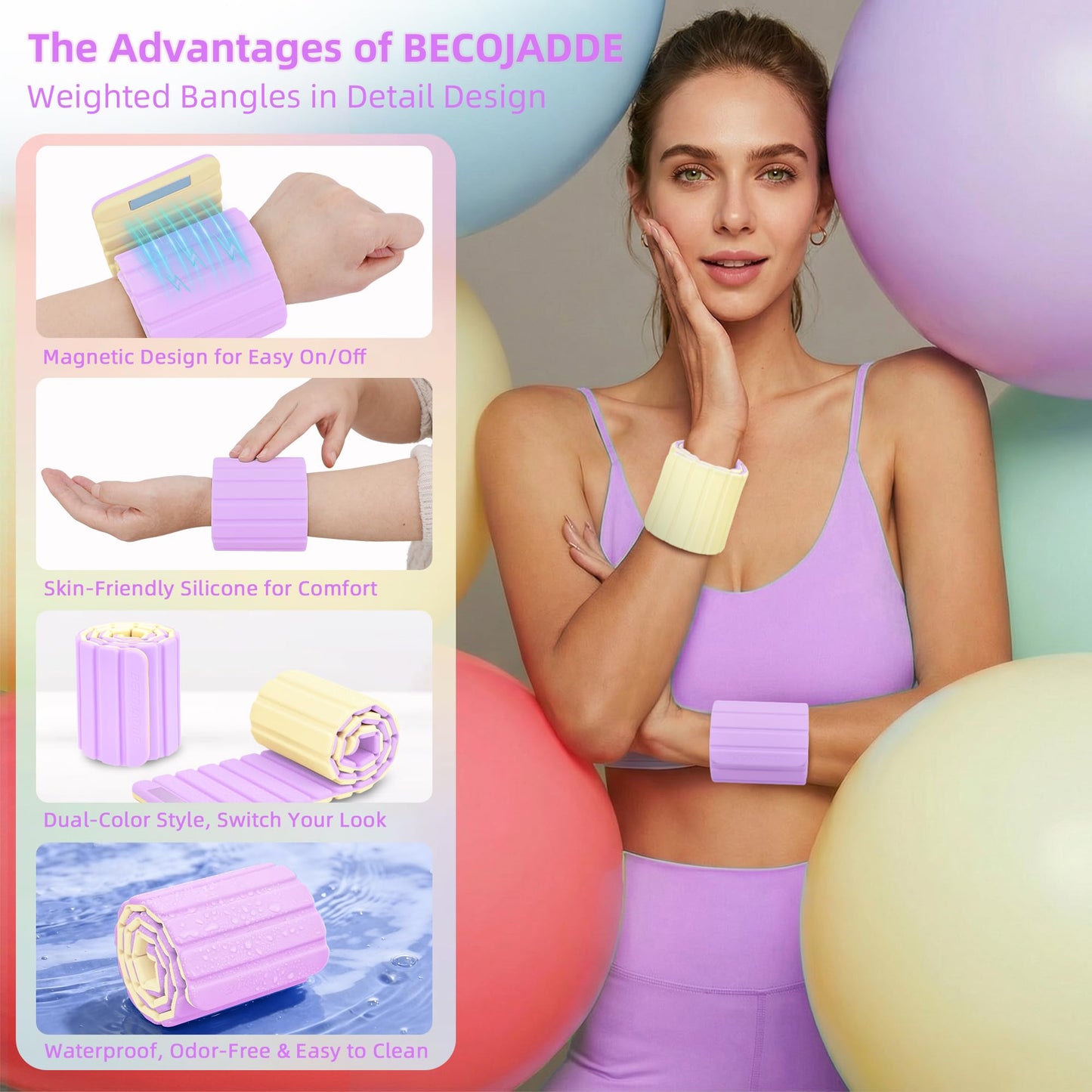 BECOJADDE Wrist Weights Ankle Weights for Women 1 Pair (2.2 lb Each) Silicone Magnetic Leg Arm Weighted Bracelet for Home Yoga Pilates Gym Workout Walking Jogging, Yellow Lavender