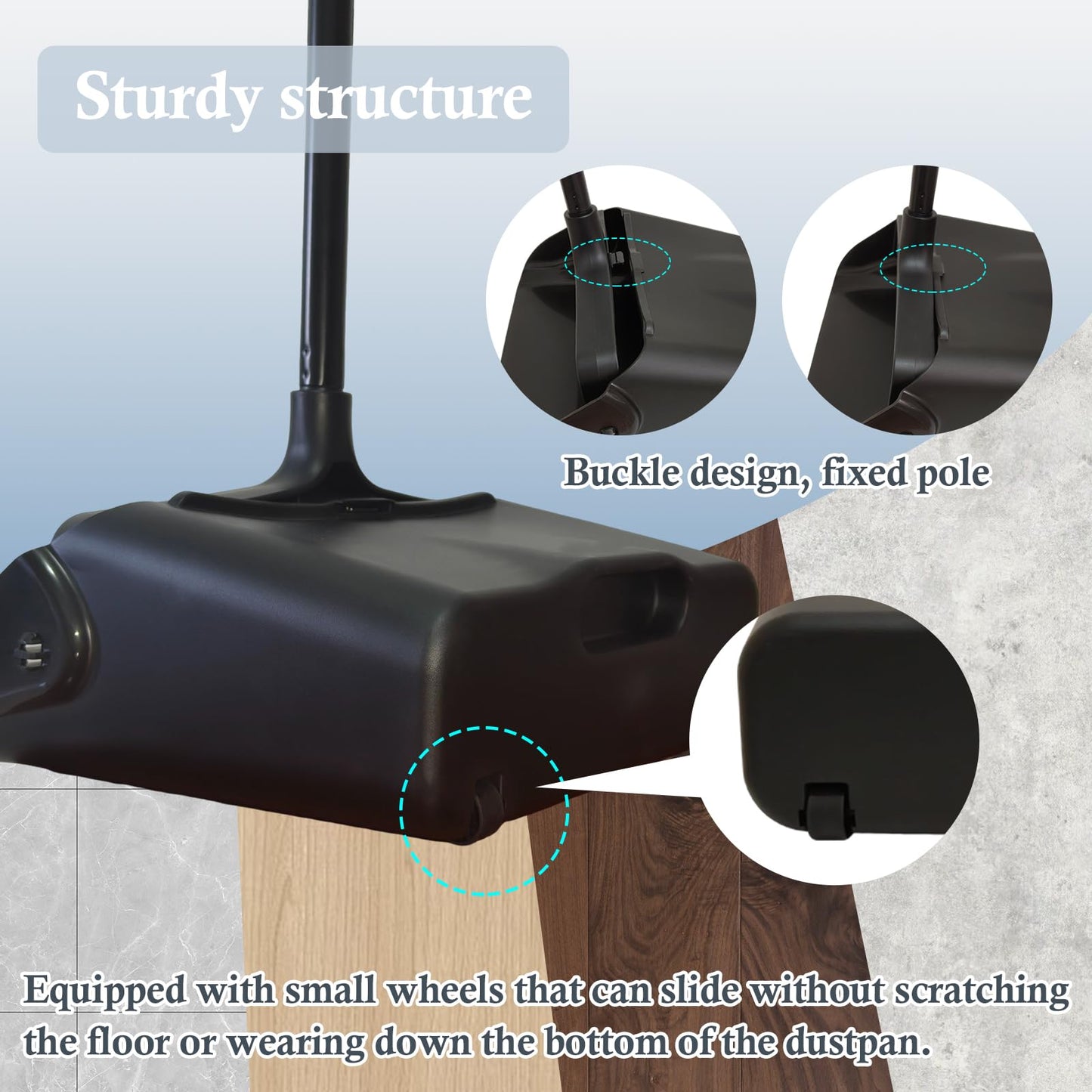 Primero Basics Pivoting Upright Dust Pan with Long Handle and Wheels, Large Capacity, Heavy Duty Commercial Dustpan for Indoor Outdoor, Standing Dust Pan for Home and Restaurant Cleaning, Black