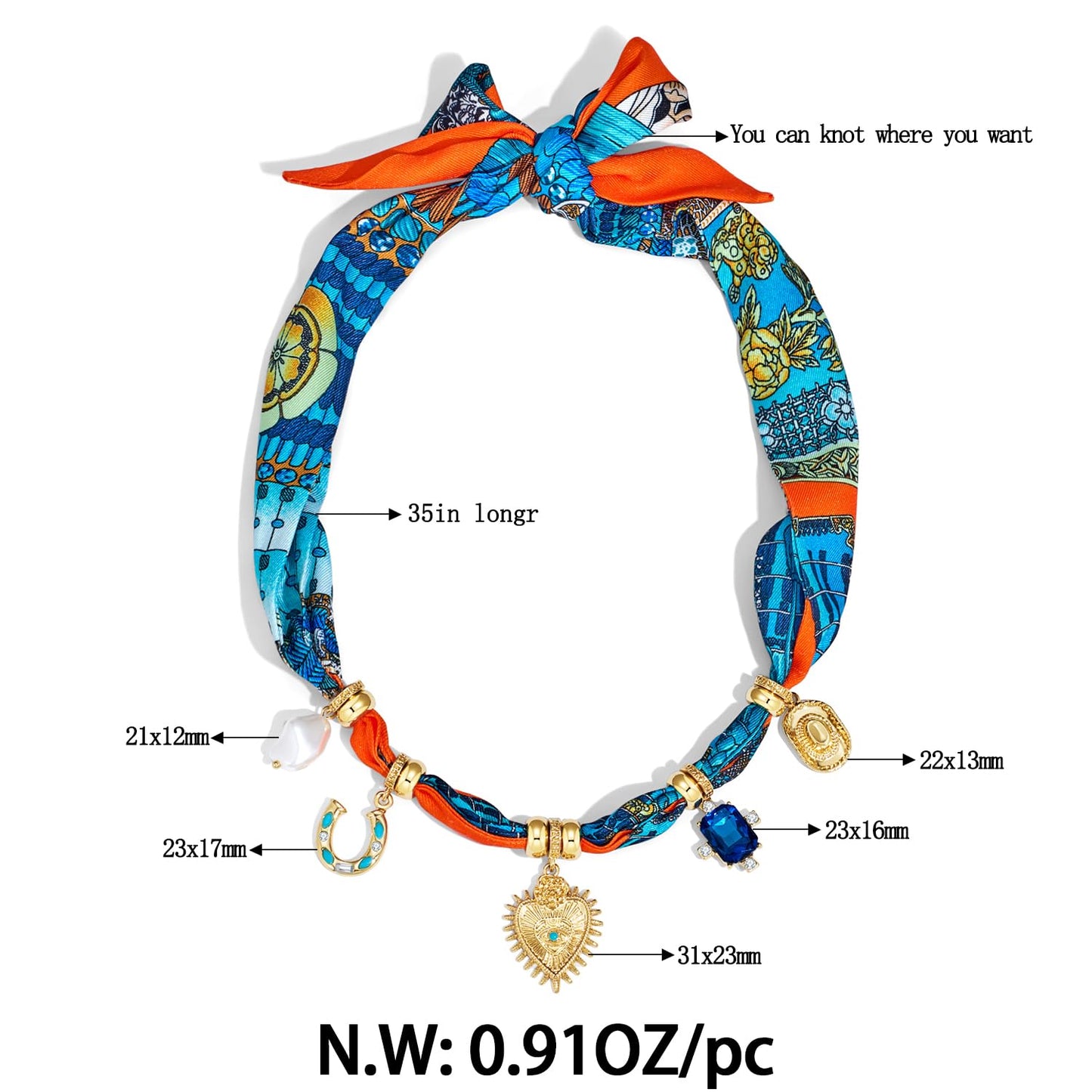 FAUTHENTICUTE Boho Scarf Necklace with Multi Heart Horseshoe Pearl Rhinestone Charms Summer Beach Statement Necklace for Women