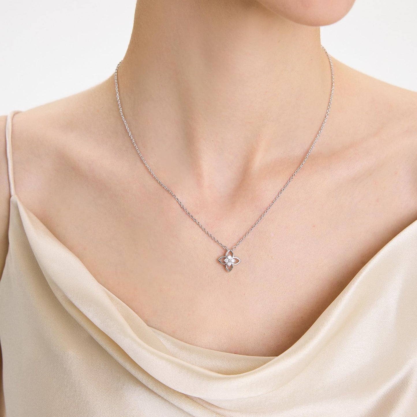 COBI Clover Pendant Necklace for Women, Rhodium 18K Gold Plated Lucky Four Leaf Clover with Cubic Zirconia CZ, Adjustable 18"+2" Chain Necklaces, Fashion Trendy Jewelry, Birthday Gift