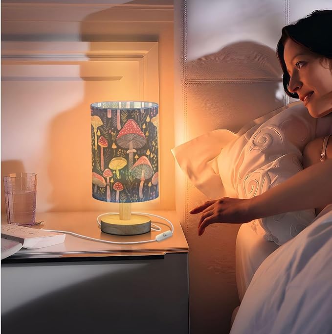 Fustylead Boho Mushroom Navy Blue Table Lamp for Bedroom USB Port Lamps Small Accent Table Lamp Nightstand Lamp Sturdy Linen Shade Wooden Base Decorative Lamps for Bedside Reading|Kids|Dorm|Home