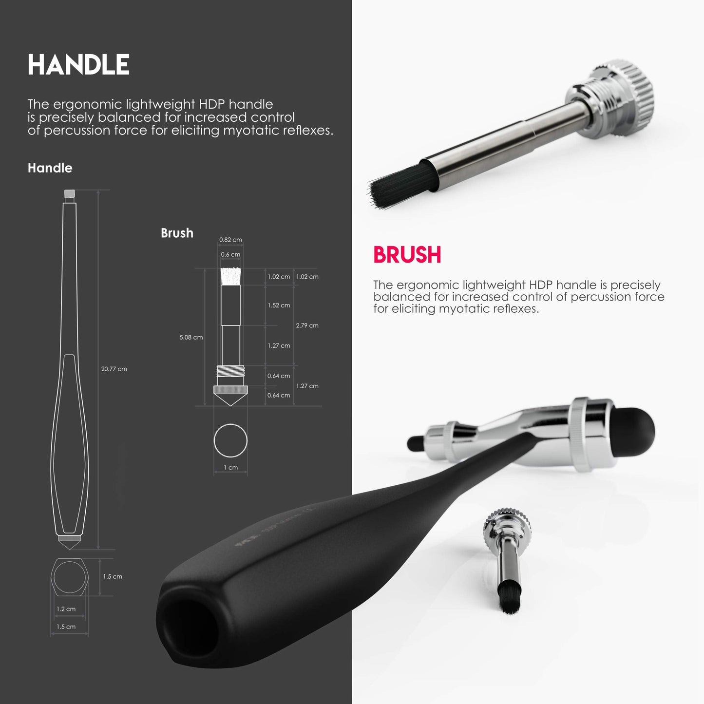 MDF Instruments, Tromner Neurological Reflex Hammer with Built-in Brush for Cutaneous and Superficial Responses - Light - HDP Handle - Durable, Professional-Grade - Black (MDF555P-11)