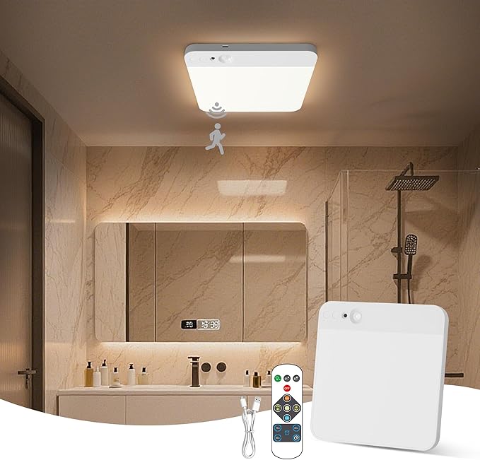 KINDEEP Battery Operated Ceiling Light: Wireless Closet Light Motion Sensor, Cordless Rechargeable Shower Light, for Bathroom, Garage, Hallway, 3 Color Temperatures Dimmable, White Shade 1Pack
