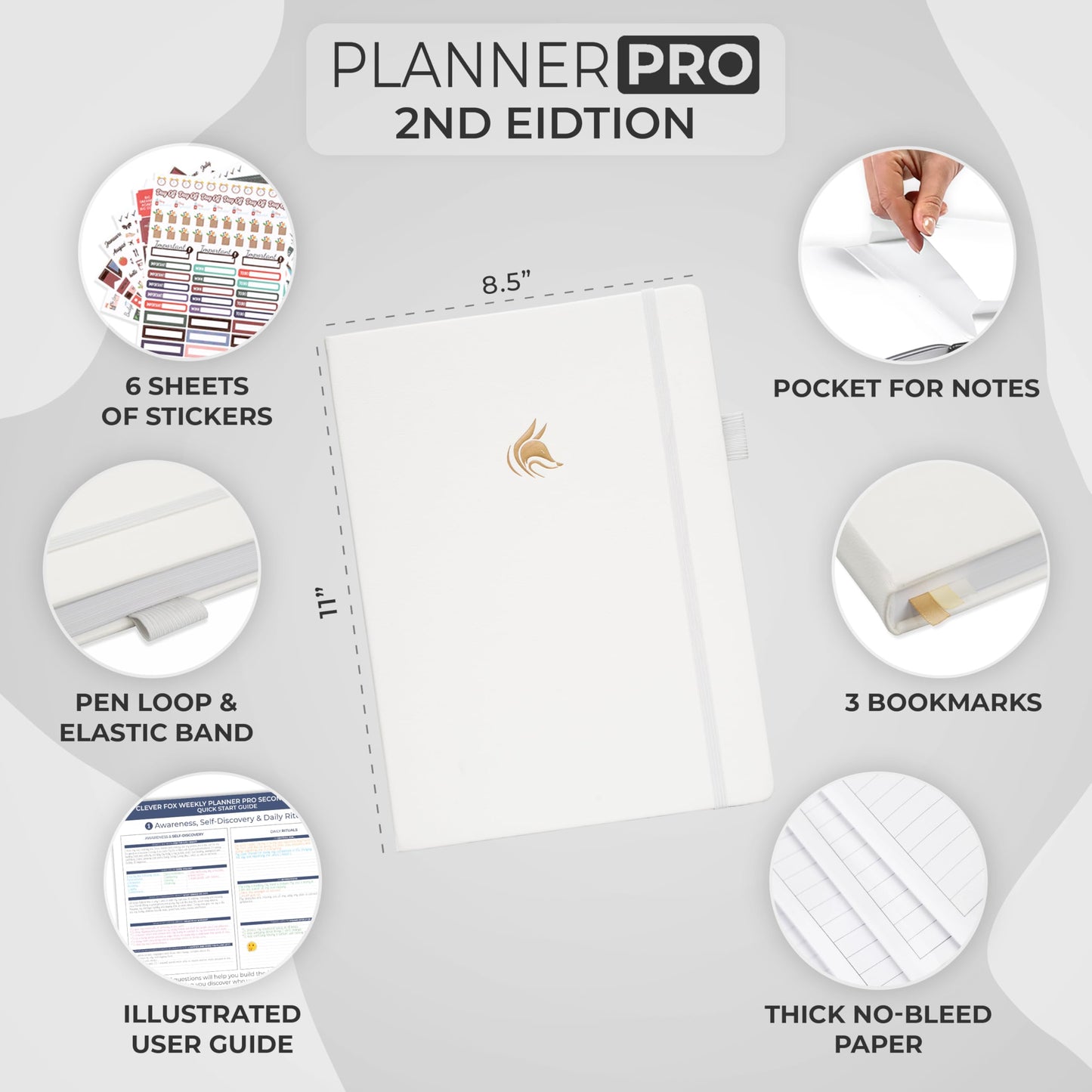 Clever Fox Planner PRO 2nd Edition – Undated Weekly Agenda Planner for Setting Goals, Tasks & Time Management – Life Organizer with To-do Lists & Habit Trackers – Large Format, 8.5x11″ (White)