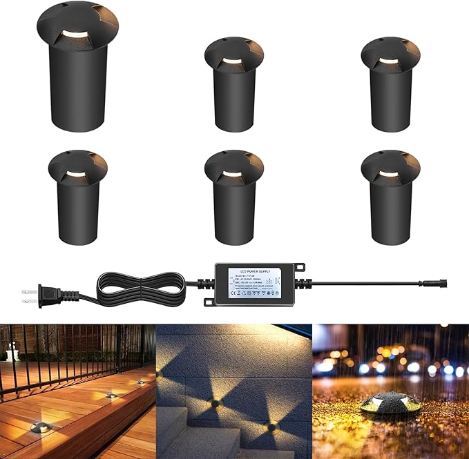LED Outdoor In Ground Lights with Protecting Shell, Warm White Φ2.36in Low Voltage 12V DC IP67 Waterproof, Electric Wired Recessed Landscape Well Lighting for Outside Yard Floor, 6 Pack Black