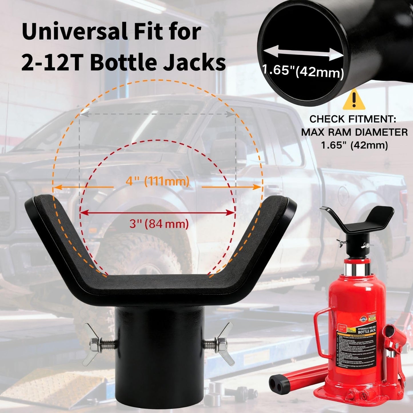 Adjustable Bottle Jack Adapter with Triple-Lock, Secure Wobble-Free Fit for 2T-12T Bottle Jacks, Heavy Duty 1/4" Steel Saddle for 3" & 4" Axle Tubes on RV, Truck, Trailer