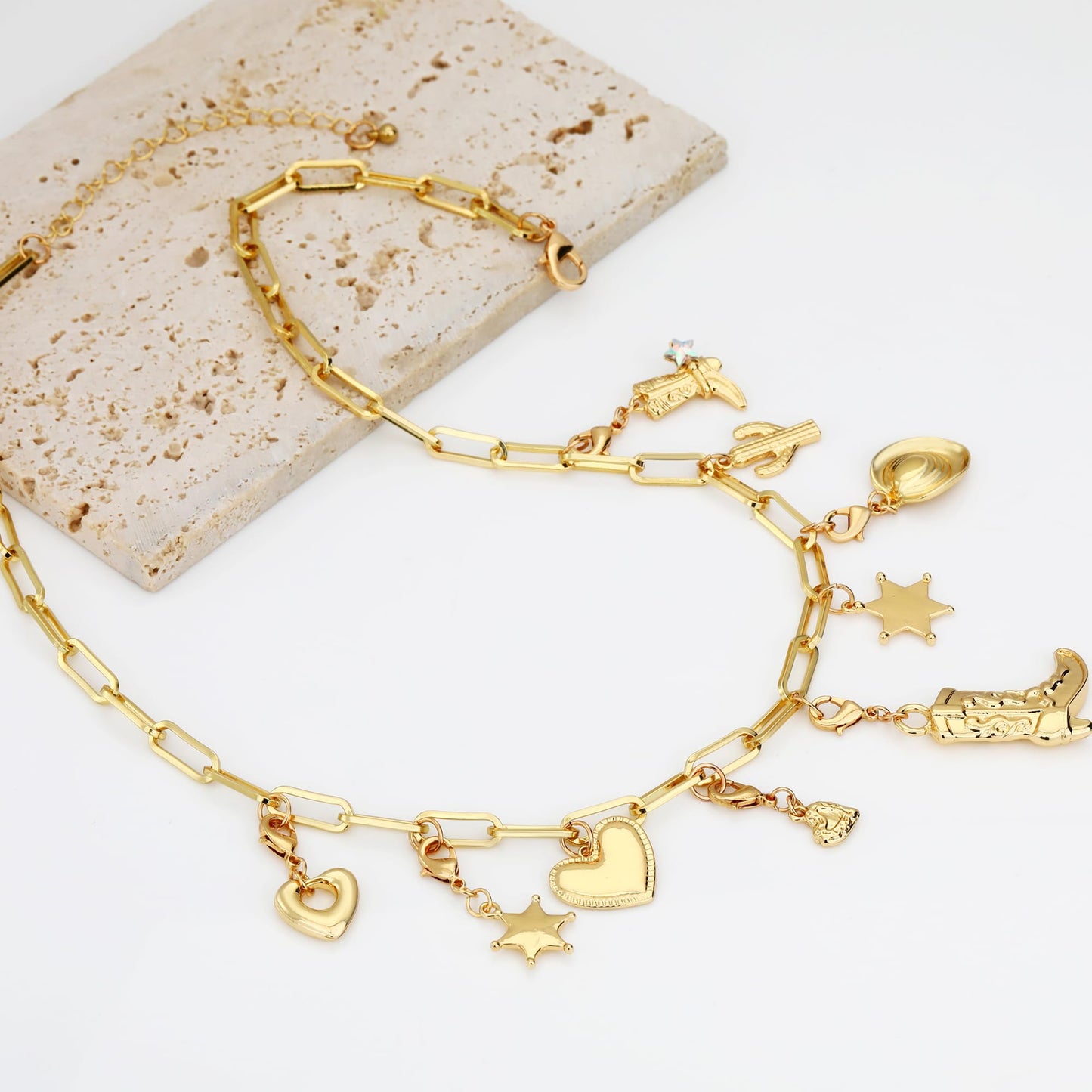 BONJOULRY Charm Necklace for Women Gold Western Coastal Cowgirl Cowboy Boot Heart Star Cactus Charms Chunky Paperclip Chain Statement DIY Choker Necklace Jewelry Gifts Boots