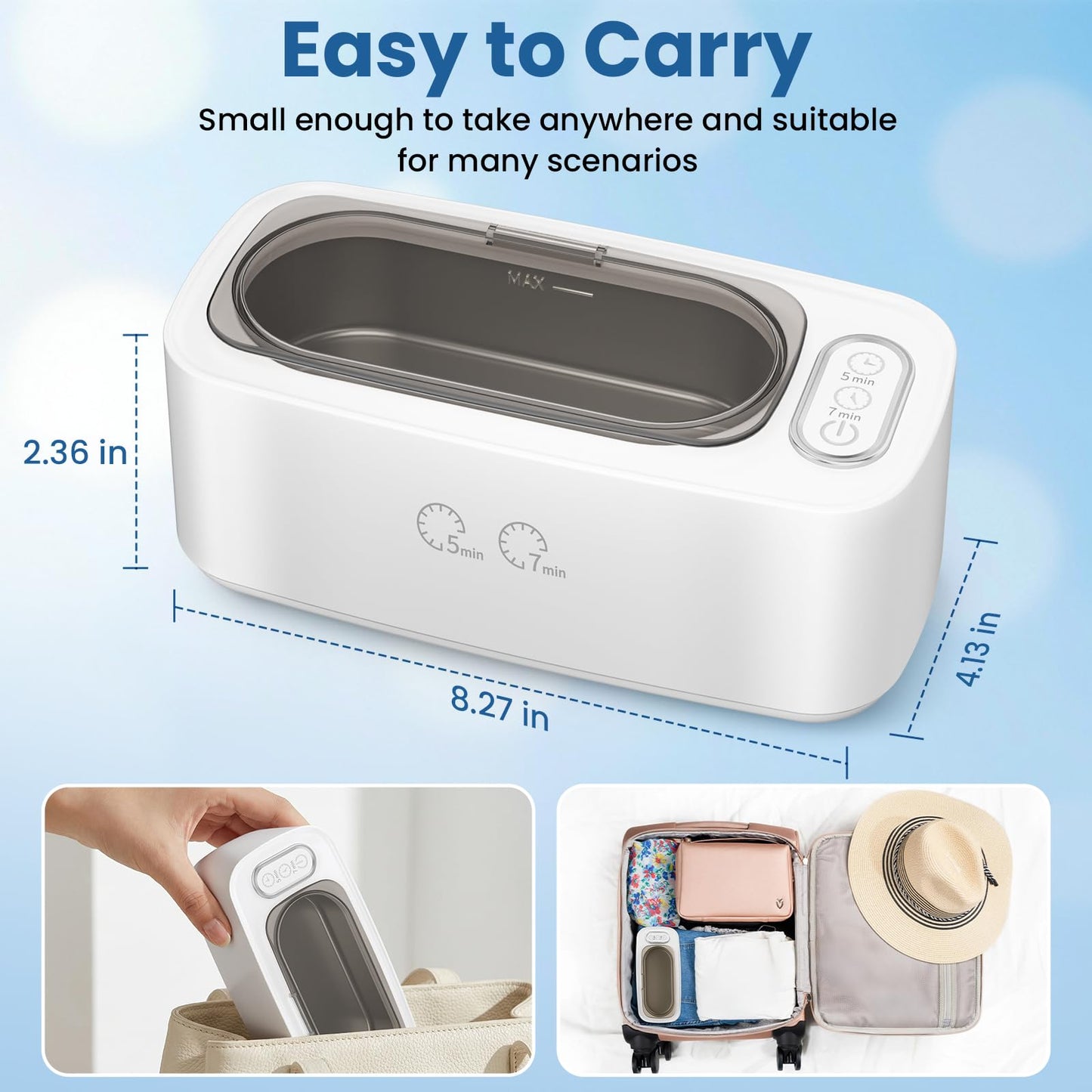 Ultrasonic Cleaner, 48kHz Ultrasonic Jewelry Cleaner Machine for Eyeglasses, Jewelry, Rings, Watch Straps, Dentures and More, Dual Cleaning Modes & 304 Stainless Steel Tank, 400ML Capacity, White
