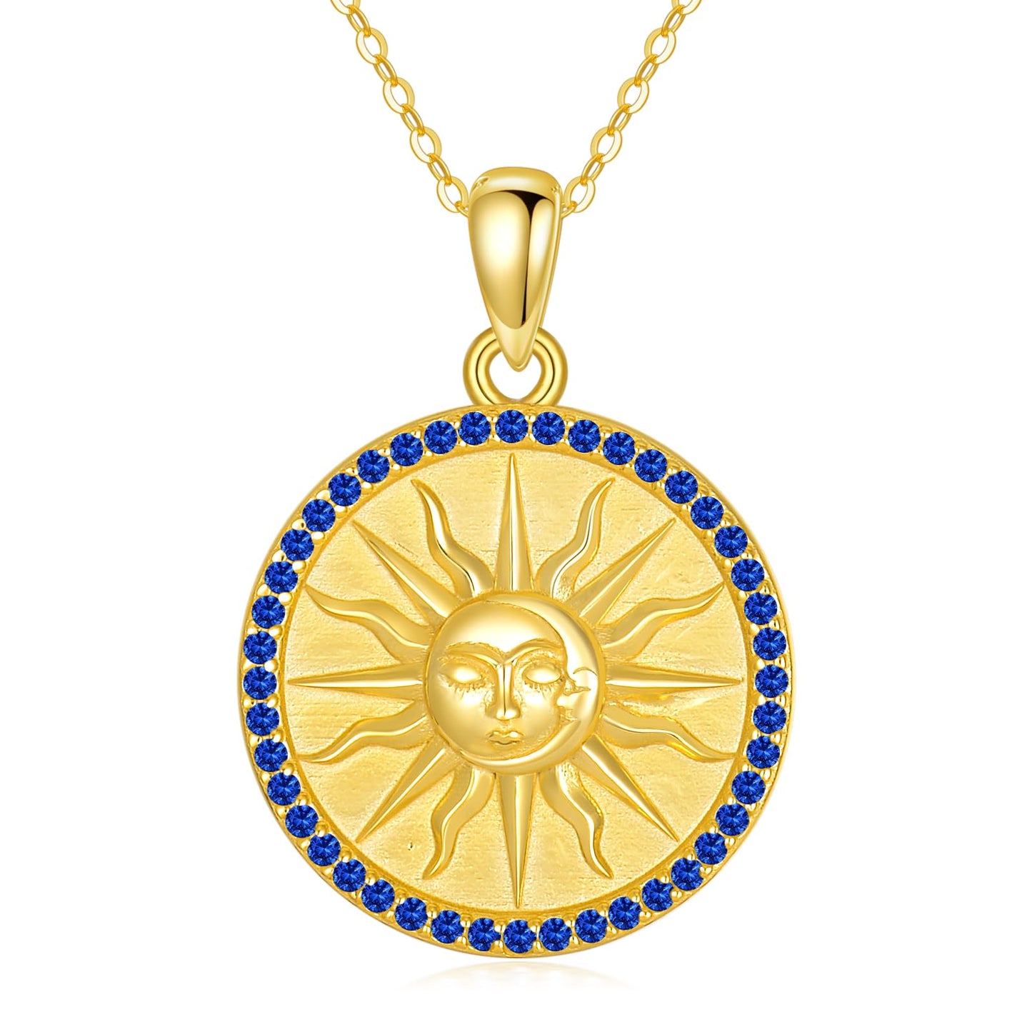 KQF Sun Necklaces for Women Birthstone Jewelry Gift Sterling Silver Sun 18K Gold Plated Coin Pendant September Jewelry Gift