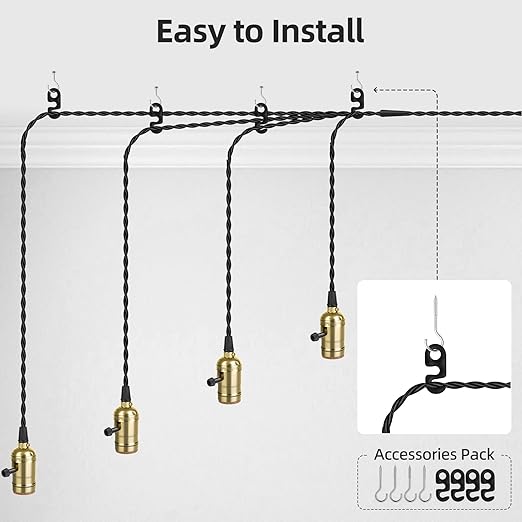 Vintage Plug-in Pendant Light Kit with 1-to-4 Hanging E26/E27 Sockets, Industrial Hanging Light with Individual Rotary Switches, Easy DIY Lighting for Living Room, Patio and Plant Corners, Gold