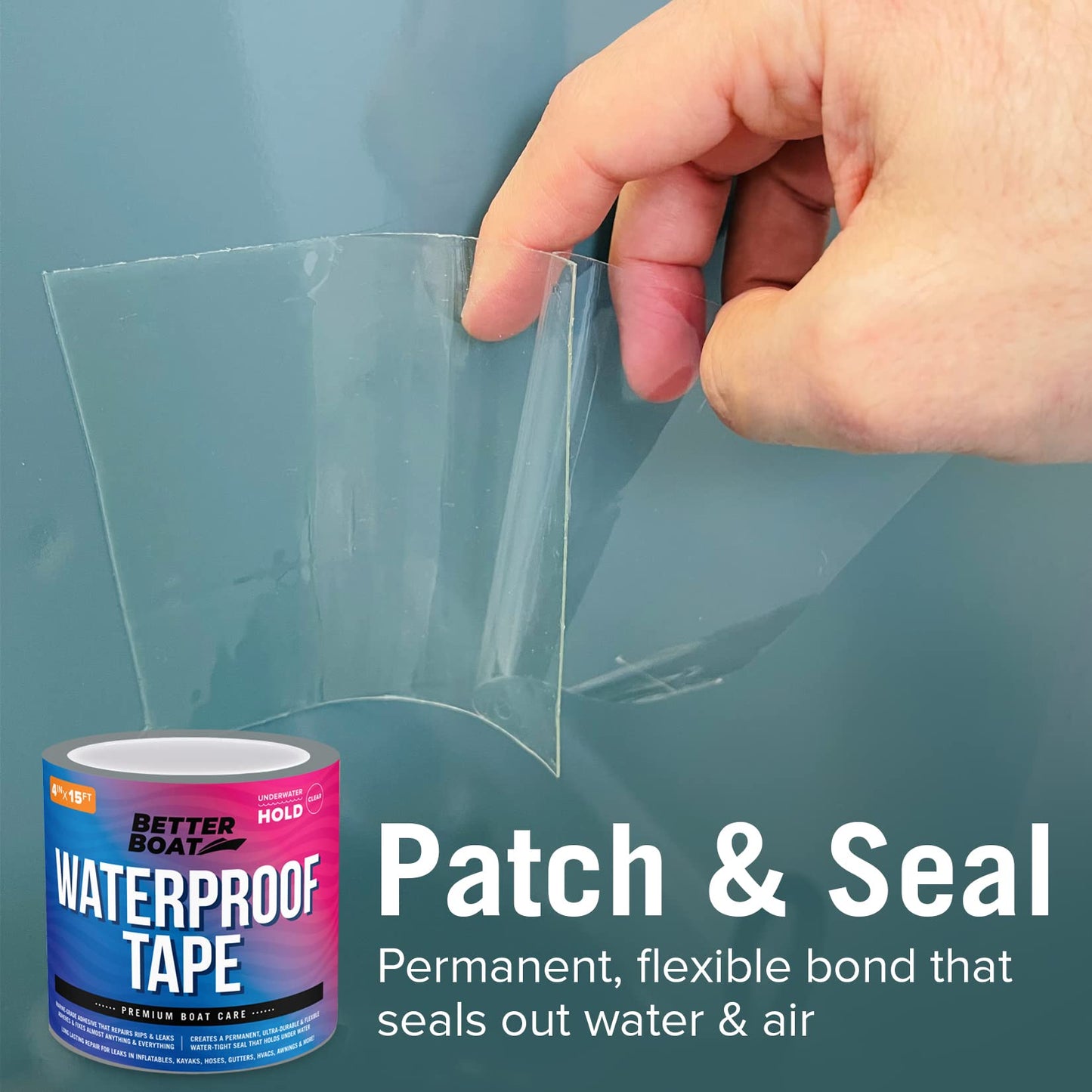 Better Boat Clear Waterproof Tape for Leaks Heavy Duty Marine Grade Seal Tape, 15 ft x 4 in, Invisible Repair, Pools, Shower, Windows