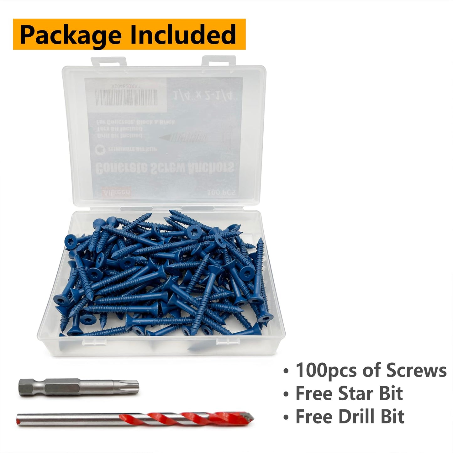 Allkeen 1/4" x 2-1/4" Concrete Screws, Anchoring to Masonry, Brick, Block, Cement or Stucco, 100PCS