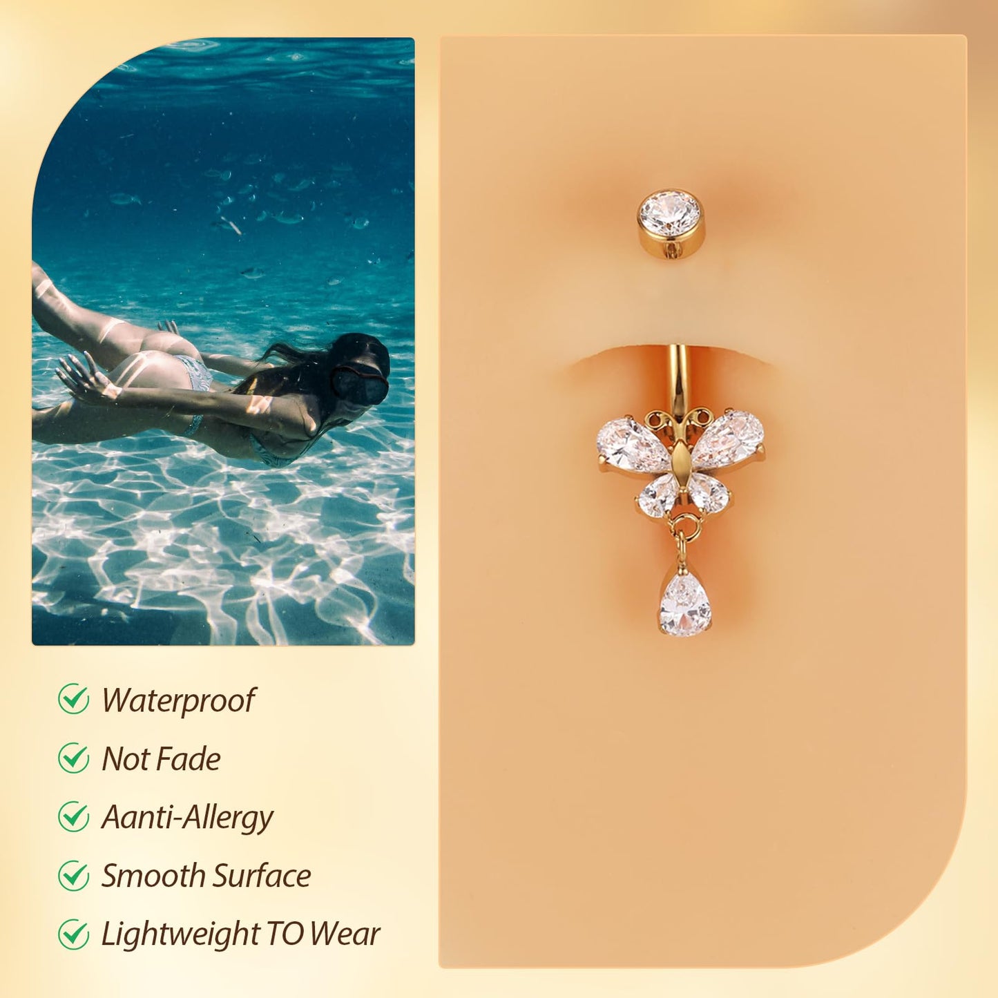 Gold Belly Button Ring 10mm for Women 14G Internally Threaded Belly Jewelry Titanium Dangle Navel Piercing Teardrop Curved Barbell with Butterfly CZ Navel Ring
