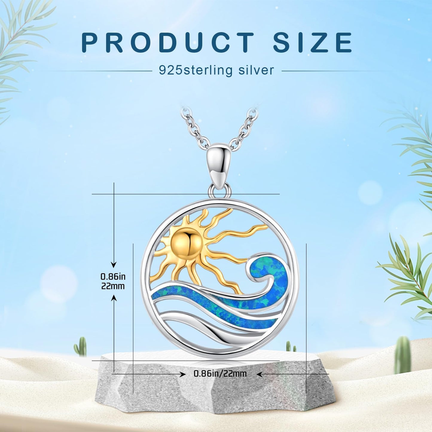 Midir&Etain Wave Necklace 925 Sterling Silver Sun Necklace Ocean Necklace Beach Sea Pendant Ocean Wave Jewelry for Women Men