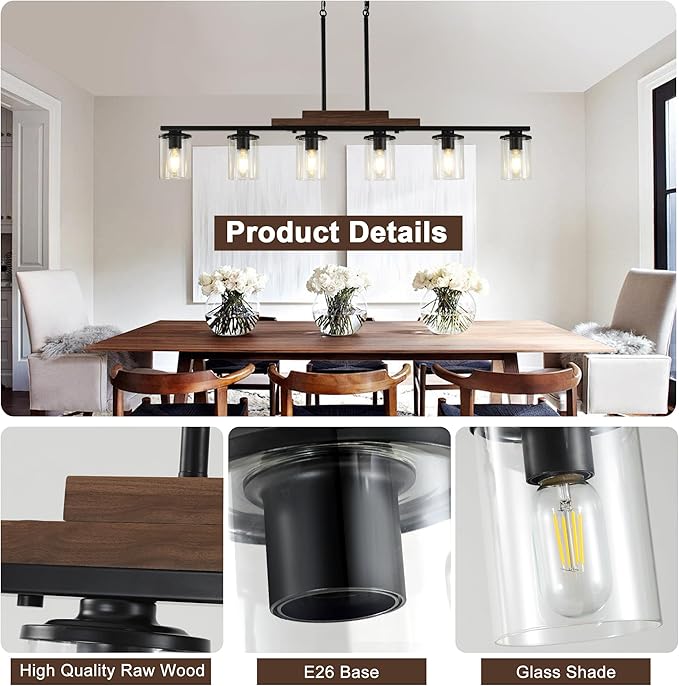 Dining Room Light Fixture Over Table, Farmhouse 6-Light Kitchen Island Lighting, Linear Black Chandelier with Clear Glass Shades, Modern Rustic Wood Pendant Kitchen Lights, with Adjustable Height