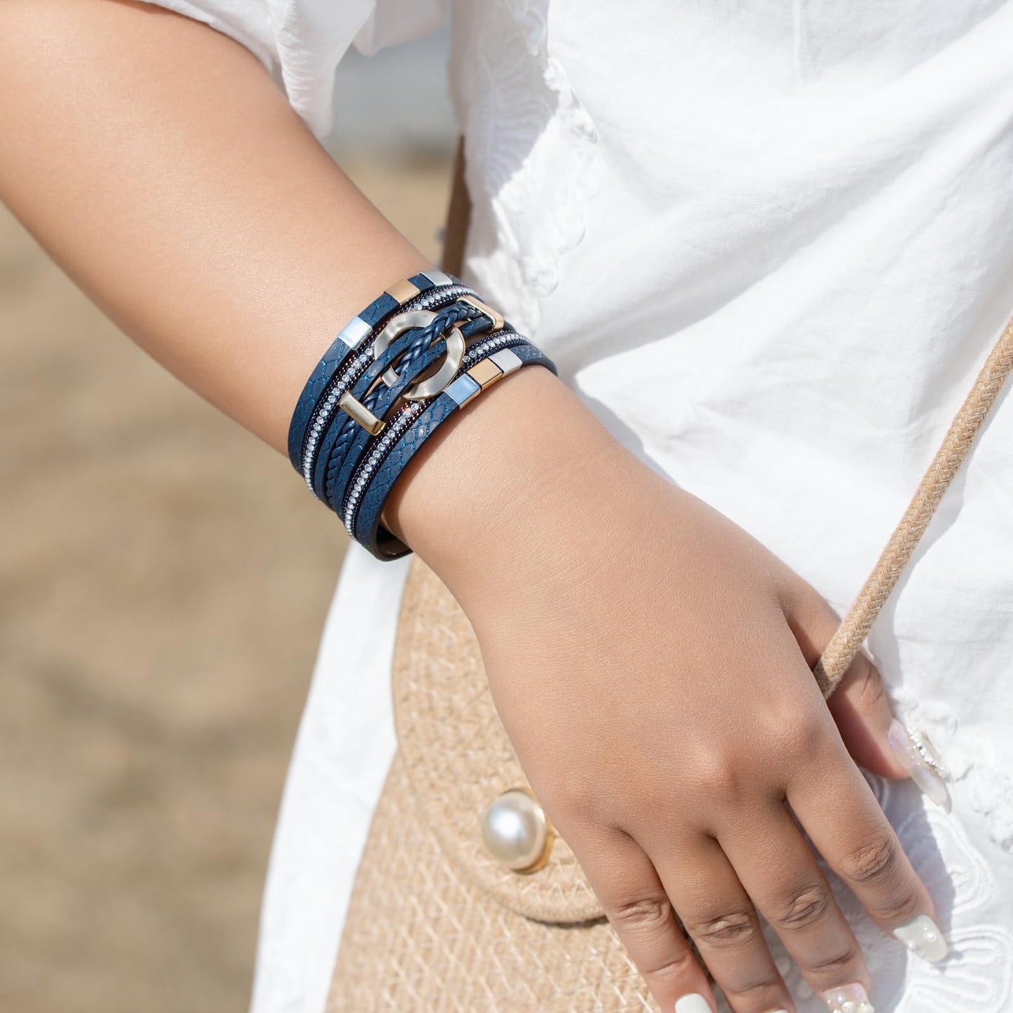 FANCY SHINY Boho Leather Wrap Bracelets Circle Square Bead Braided Handmade Stackable Bracelet Trendy Cuff Bangle for Women(Blue)