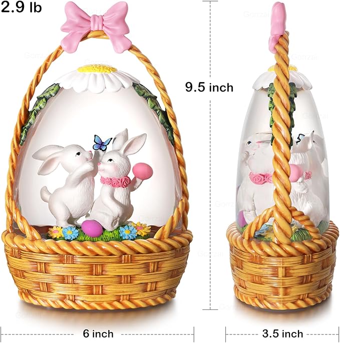 Easter Snow Globe Lantern Easter Decorations for Home with Timer Swirling Glitter, Lighted Easter Decor Indoor Easter Gifts with Easter Basket Bunny Eggs, USB or Battery Operated