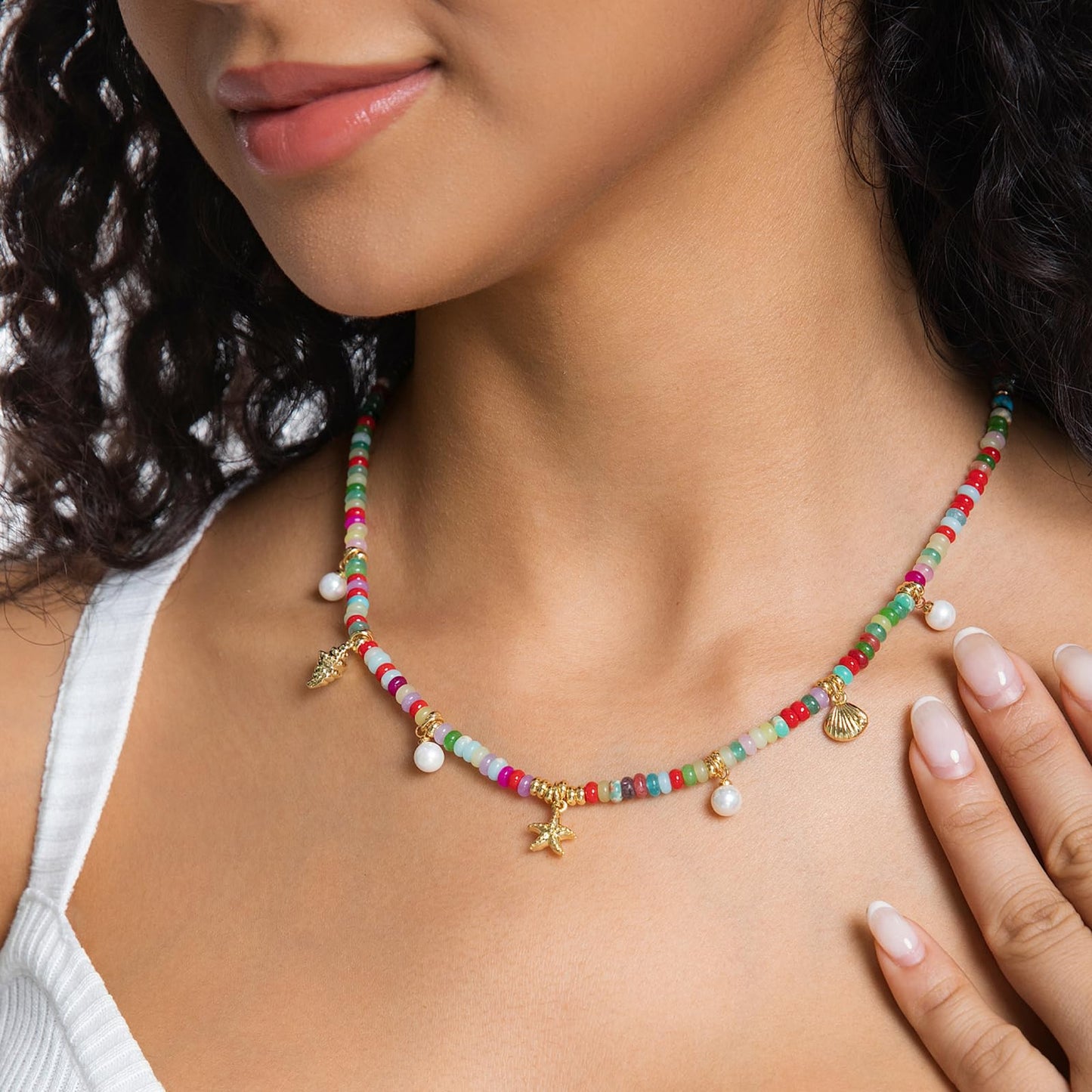 Charm Necklace for Women Colorful Beaded Gemstone Choker 14K Gold Beach Seashell Pearl Pendant Necklace Natural Stone Handmade Jewelry Gift