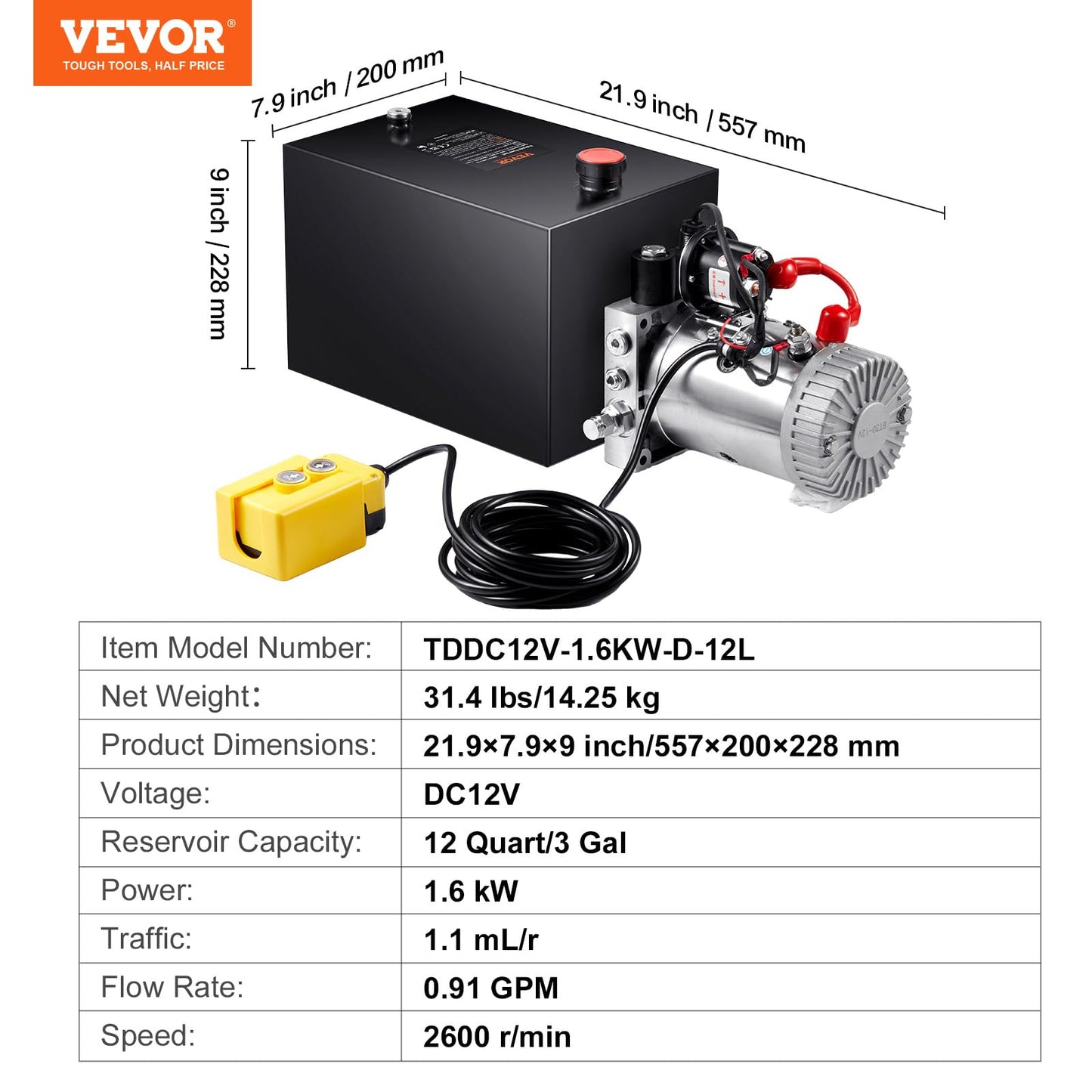VEVOR Hydraulic Power Unit 12 Quart Hydraulic Pump 12V Dump Trailer Pump Single Acting Hydraulic Power Pack 3200 PSI Electric Hydraulic Pump with Steel Reservoir for Car Lift