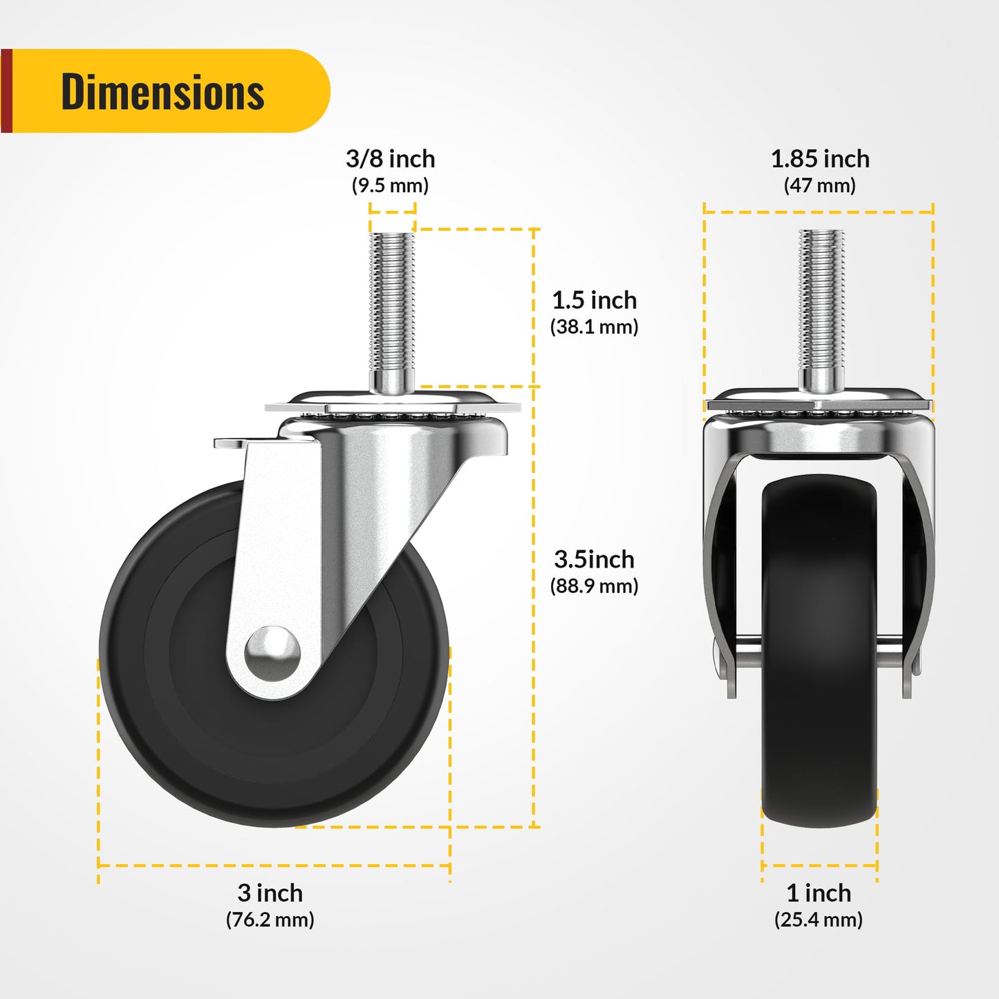 HOLKIE Caster Wheels 3 inch with No Brake Stem Casters, 3/8" -16 x 1-1/2" (Stem Diameter 3/8", Stem Length 1-1/2") Threaded Swivel Casters Set of 4 Heavy Duty Castors Black
