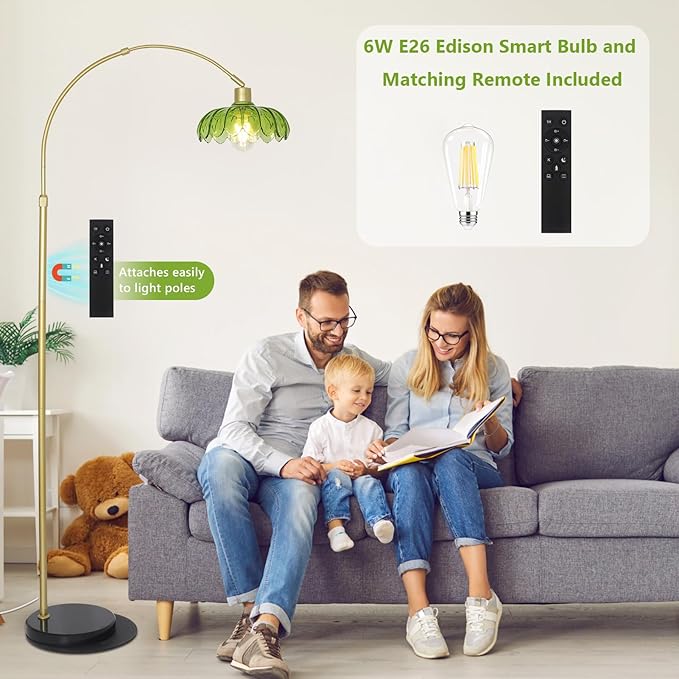 Arc Floor Lamps for Living Room, Gold Floor Lamp with Remote, Glass Standing Lamp for Bedroom, Green Flower Lamp with LED Bulb, Height Adjustable Tall Lamps for Office, Modern Stand Up Lamp Decor