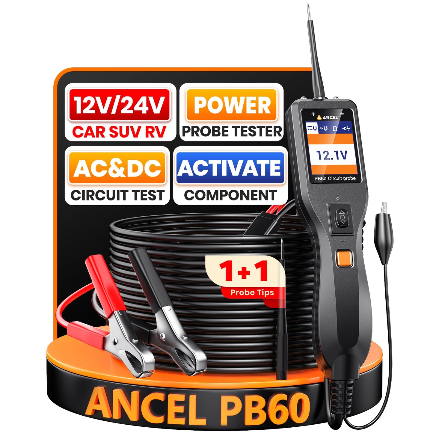 ANCEL PB60 Automotive Power Circuit Probe Tester 12-24V, All-in-One Electrical Diagnostic Tool with Component Activation, Short Finder, Digital Multimeter Ohmmeter Functions for Cars Trucks RVs ﻿