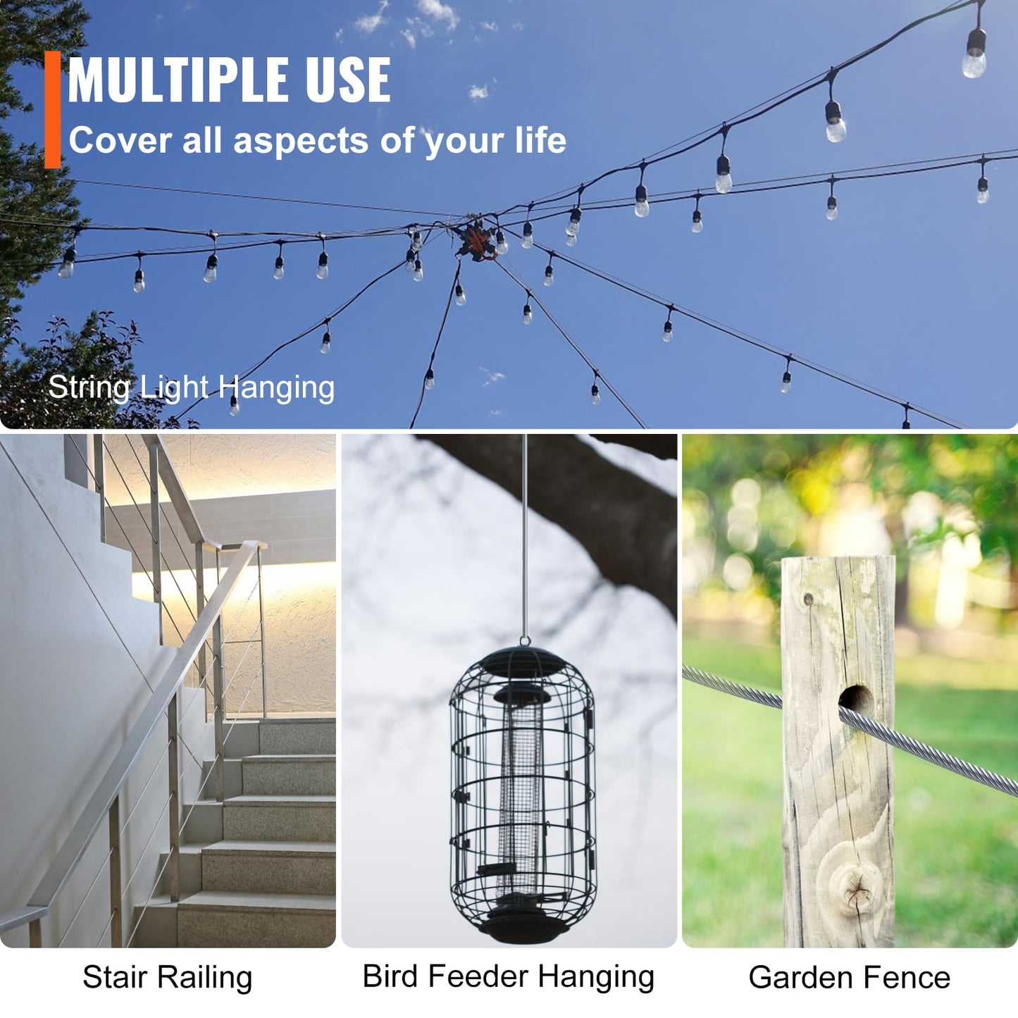 VEVOR 5/32 Stainless Steel Cable, 500FT T316 Wire Rope 1x19 Marine Grade Steel Cable for Deck Railing Brackets Handrail Stair DIY Balustrade