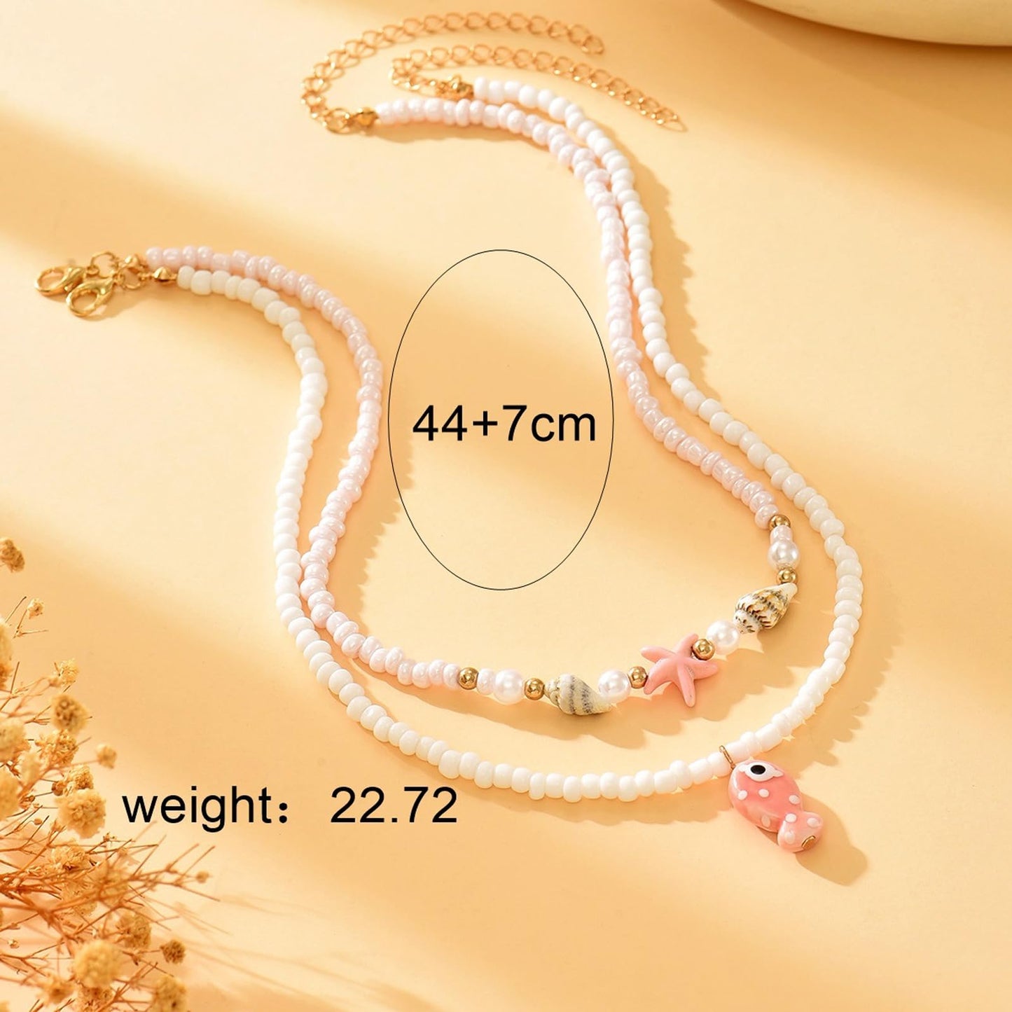 Starfish Conch Layered Necklaces for Women Charm Pearl Beaded Choker Necklace Boho Starfish Fish Pendant Necklaces Trendy Beach Jewlery Accessories (White3)