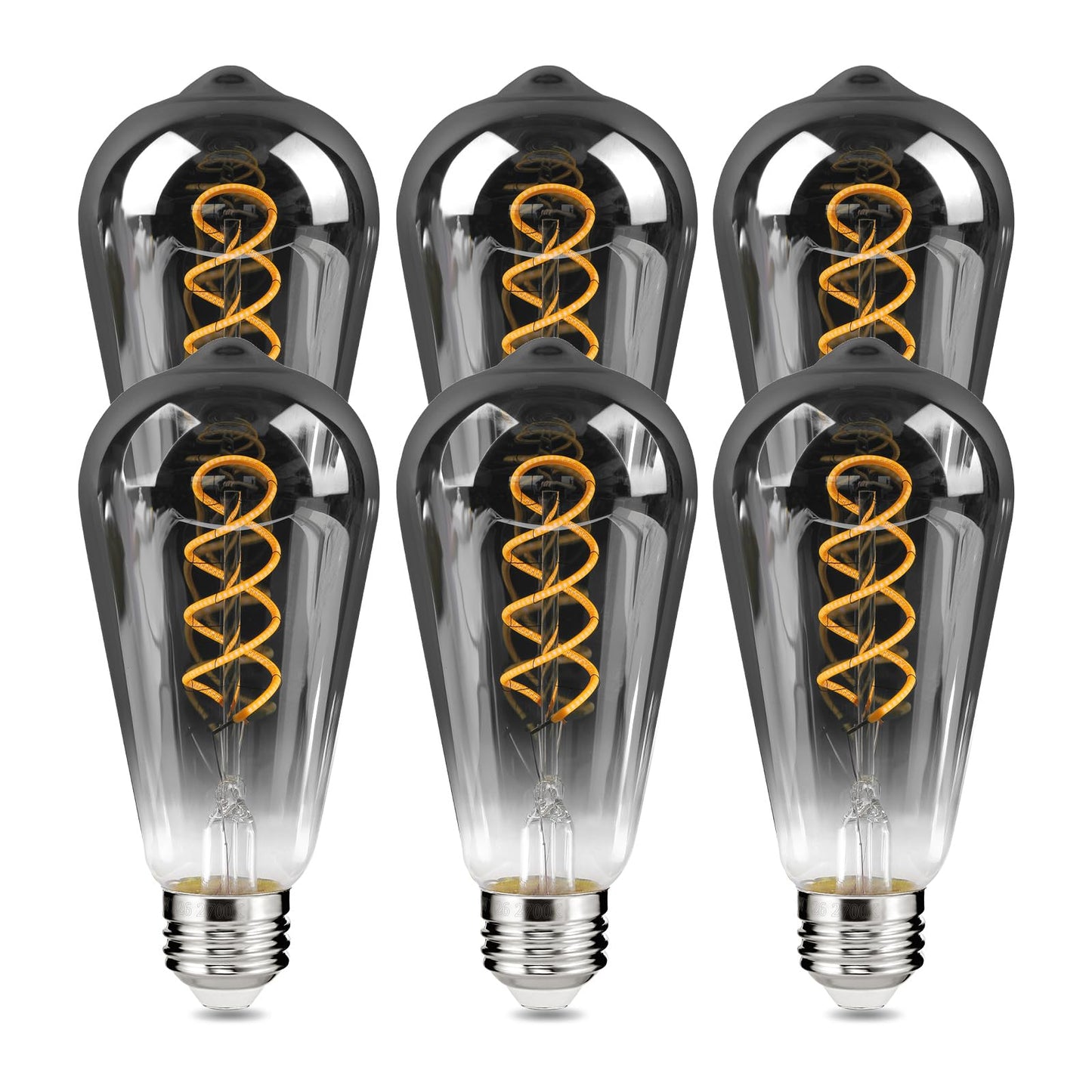 Decoaui E26 ST64 Vintage Edison Light Bulbs, Smoky Grey Coated Glass, Dimmable, 4W(20W Equivalent) 150 Lumens, 2700K Soft White, Spiral Filaments Design, Antique Style, 25000 Hrs, 6-Pack