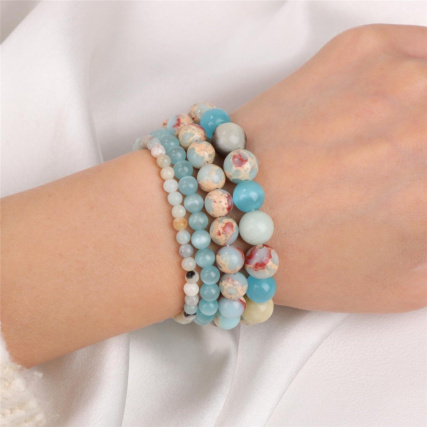 Vinswet 4pcs Natural Stone Beaded Bracelets for Women Men,Healing Crystal Gemstones Stretch Bracelet,4mm 6mm 8mm 10mm Amazonite Blue cat eyes Blue Jasper Anxiety Stress Relief Bracelet Jewelry Gifts