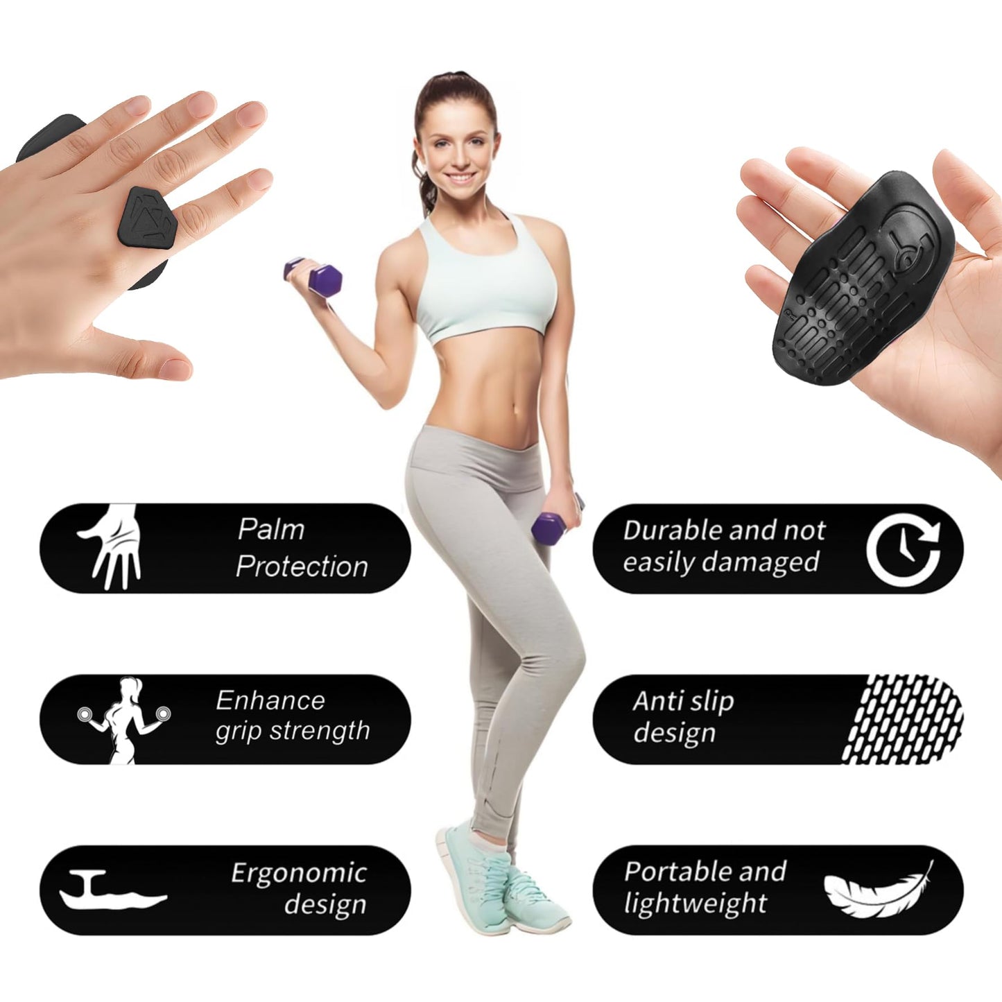 Anti-Slip Workout Grips for Men & Women - Rubber Gym Palm Protectors for Weight Lifting, Pull-Ups, Dumbbell, Fitness Training and Exercise, No Sweaty Hands, Ergonomic Hand Protection Gloves (Black)