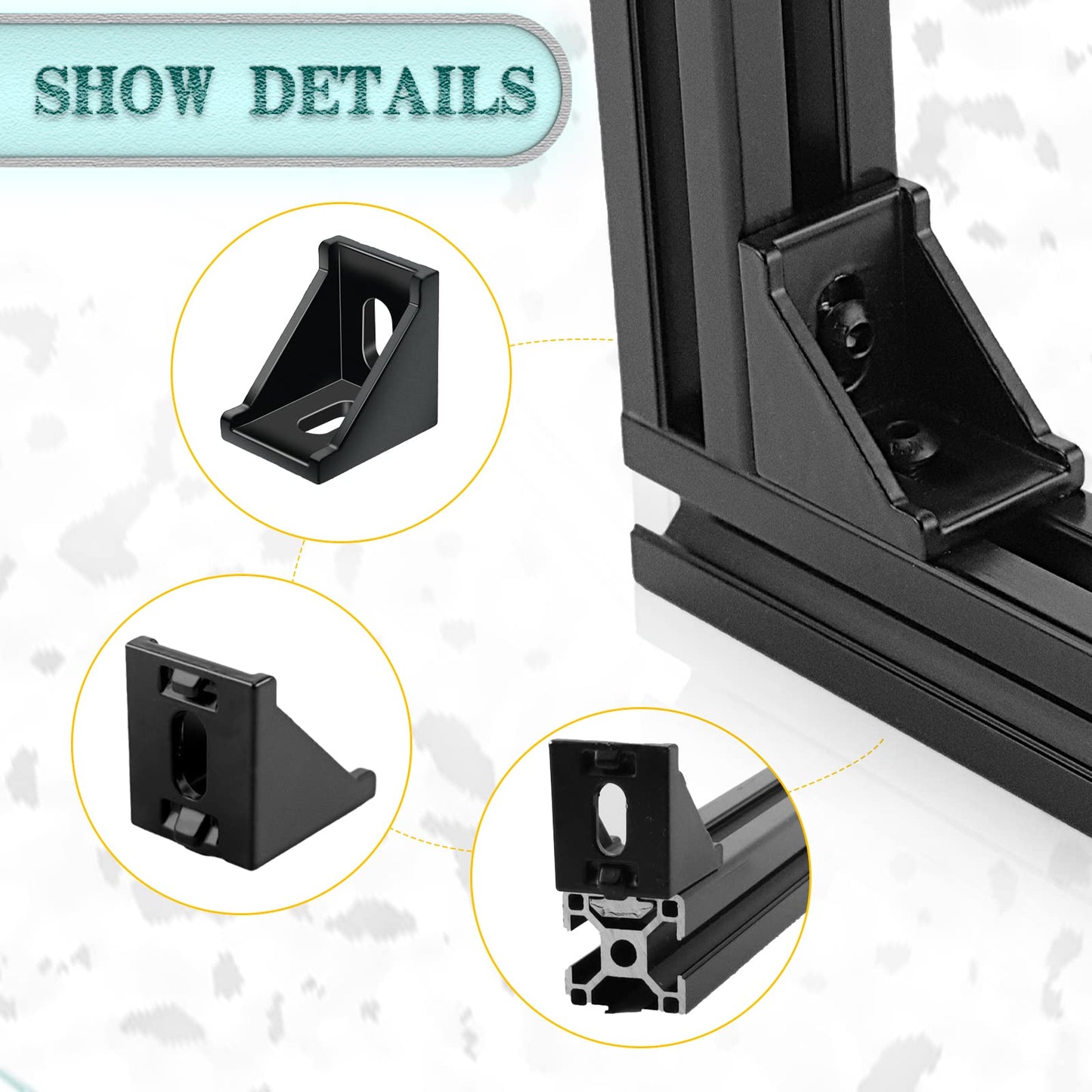 PETOX 24 Set Black 3030 Series Aluminum Extrusion Profile Connector, Includes 1pc Wrench, 24pcs 2835 Corner Bracket, 48pcs M6 T-Slot Sliding Nuts and Hex Screw Bolt for 20S Aluminum Rail Accessories