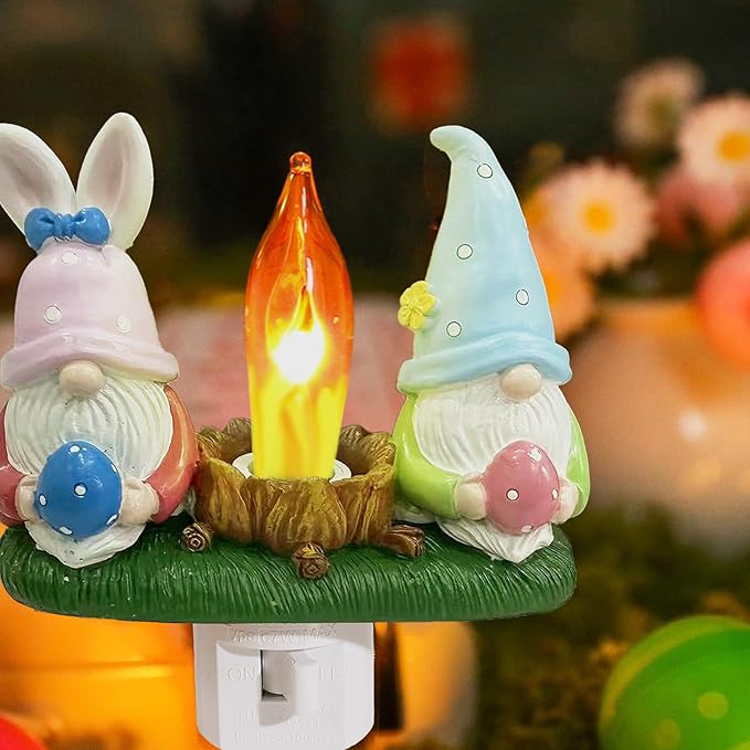 Gnome Campfire Flickering Nightlight, Easter Night Light Plug Into Wall with Switch, Gnomes LED Lamp for Spring Hallway Stair Bedroom Easter Decoration