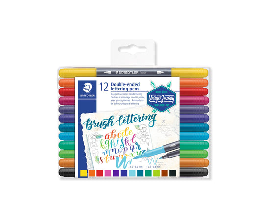 Staedtler Double-ended Brush Marker Brush Letter Duo, Creative Lettering, Flexible and Fine Tip, Blendable Ink, Set of 12 Assorted Colors, 3004TB12A6