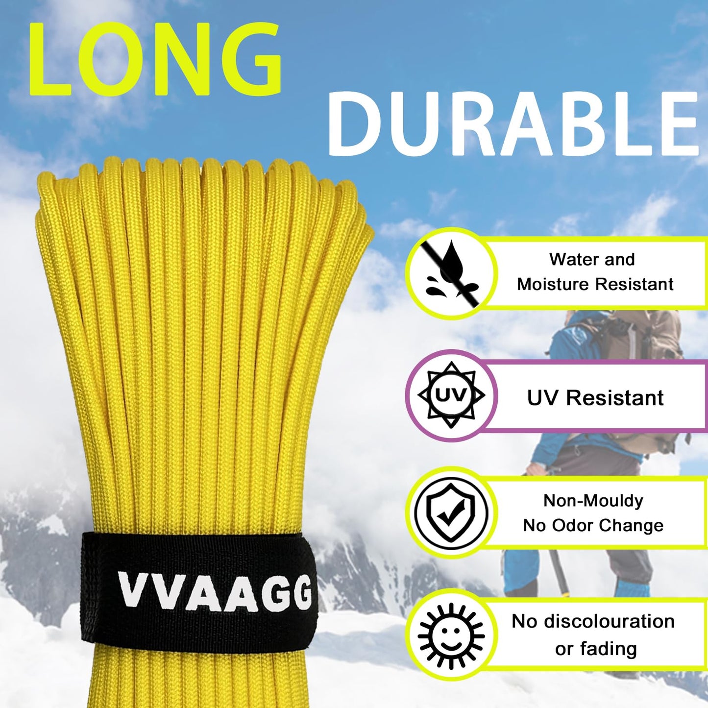 VVAAGG 1000 Paracord Rope, 50ft 12 Strand Parachute Cord for Crafting, DIY Projects, Survival Bracelets, Camping, Tent, Clothsline, Outdoor Hiking, Fishing (Yellow, 50FT)